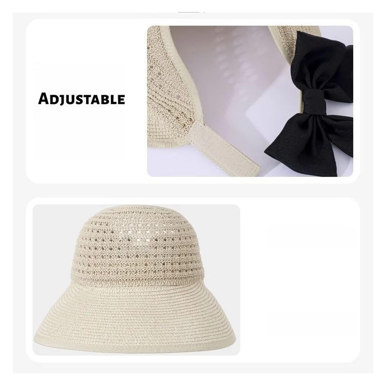 Generico Cappello da sole estivo in paglia traforata: cappello esterno versatile, casual, traspirante, regolabile, a tesa larga