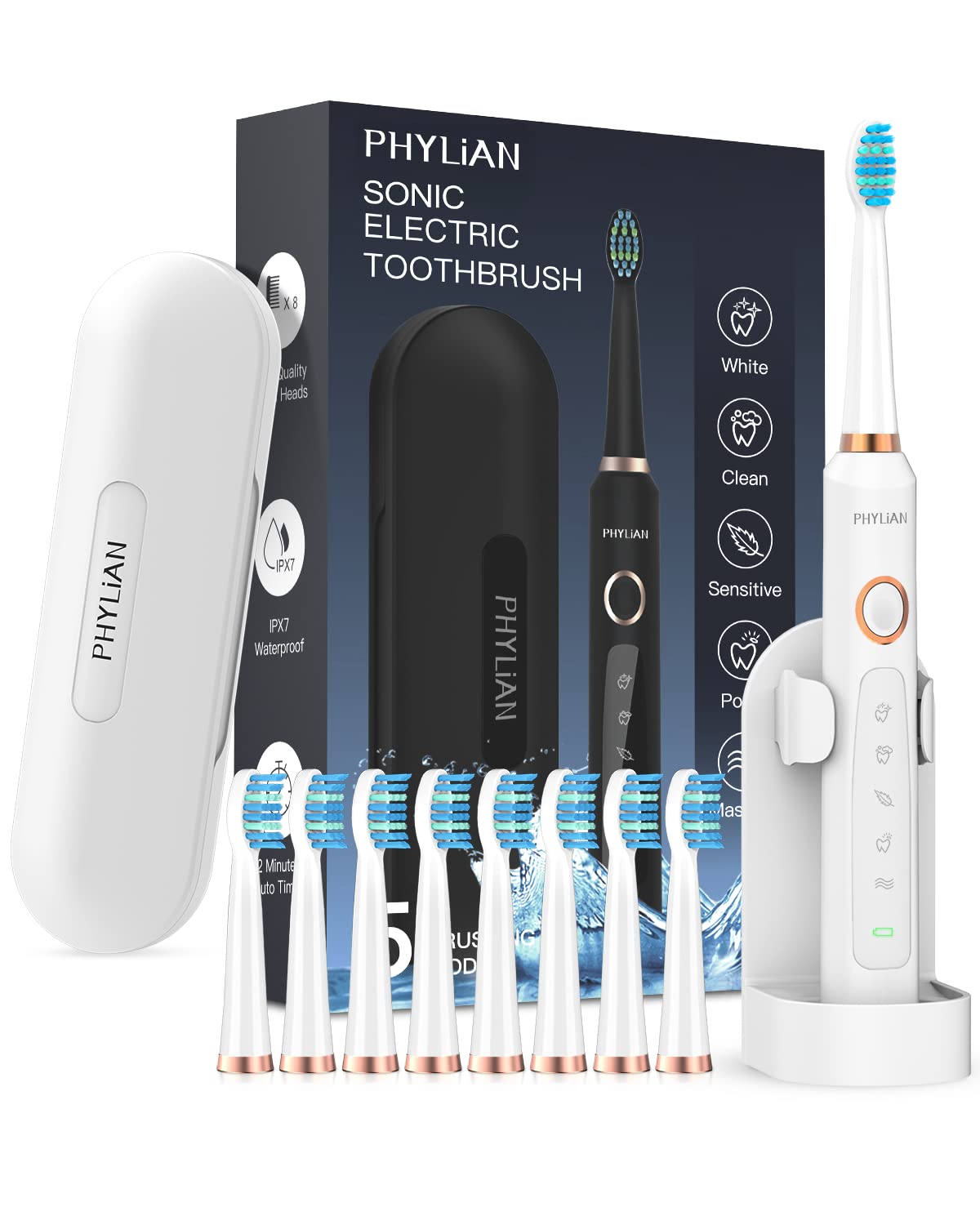 Sonic Electric Toothbrush for Adults and Kids - PHYLIAN H8 Rechargeable Power Toothbrushes with 8 Replacement Duponts Brush Heads, Travel Case, Toothbrush Holder