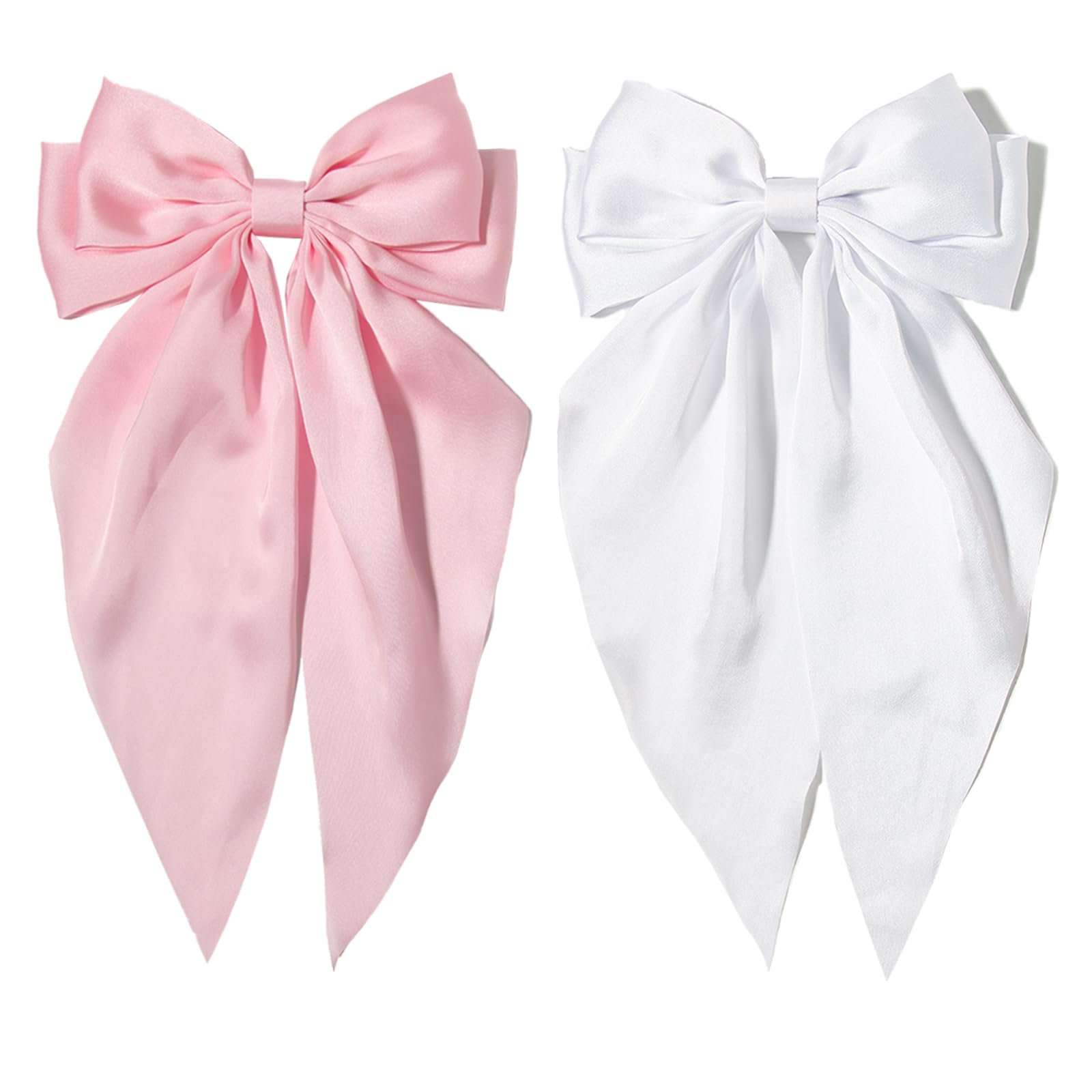 Furling Pompoms Pink Hair Bow Clips for Women,Large White Satin Hair Bows,Long-Tail Alligator Clips,Big Hair Bow Girls 2pcs Hair Accessories for