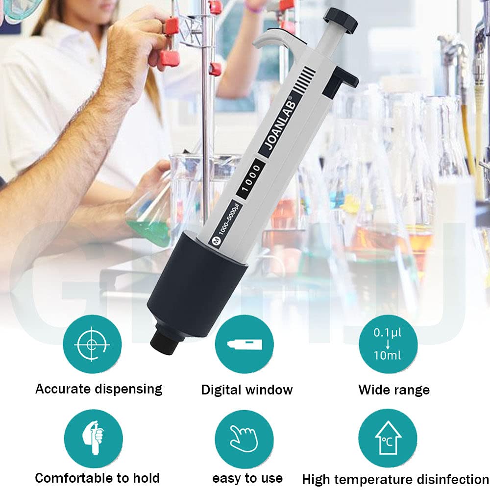 Pipetas Monocanal, Micropipeta 1000-5000Ul Pipeta de Laboratorio De Un Solo Canal Ajustable Micro Pipeta (Incluye 20 Puntas de Pipeta),1000-5000ul