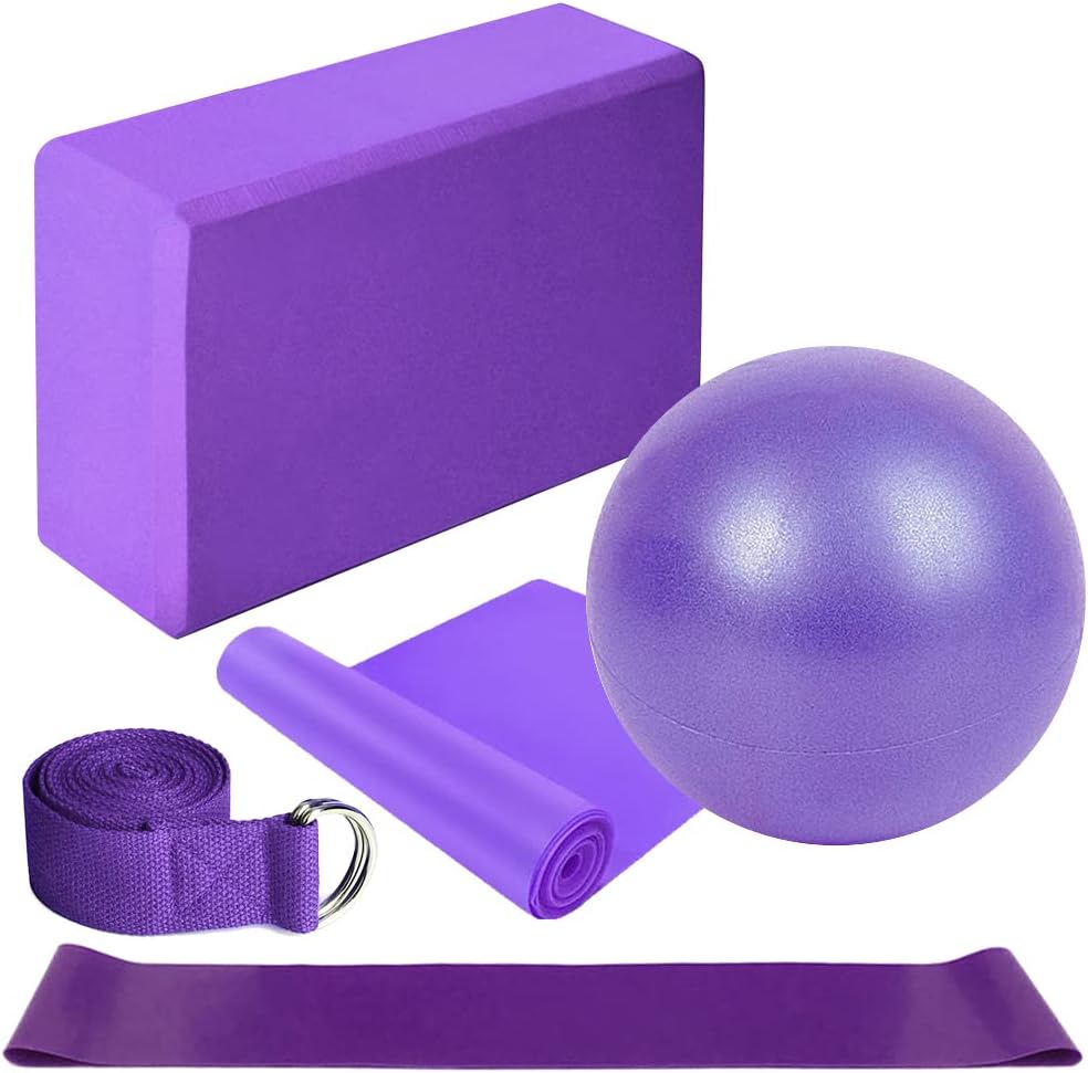 Lixada Yoga Blocks,Yoga Ball Chair,5Pcs Yoga Equipment Set Include Yoga Ball Stretching Strap Resistance Loop Band Exercise Band(Optional)