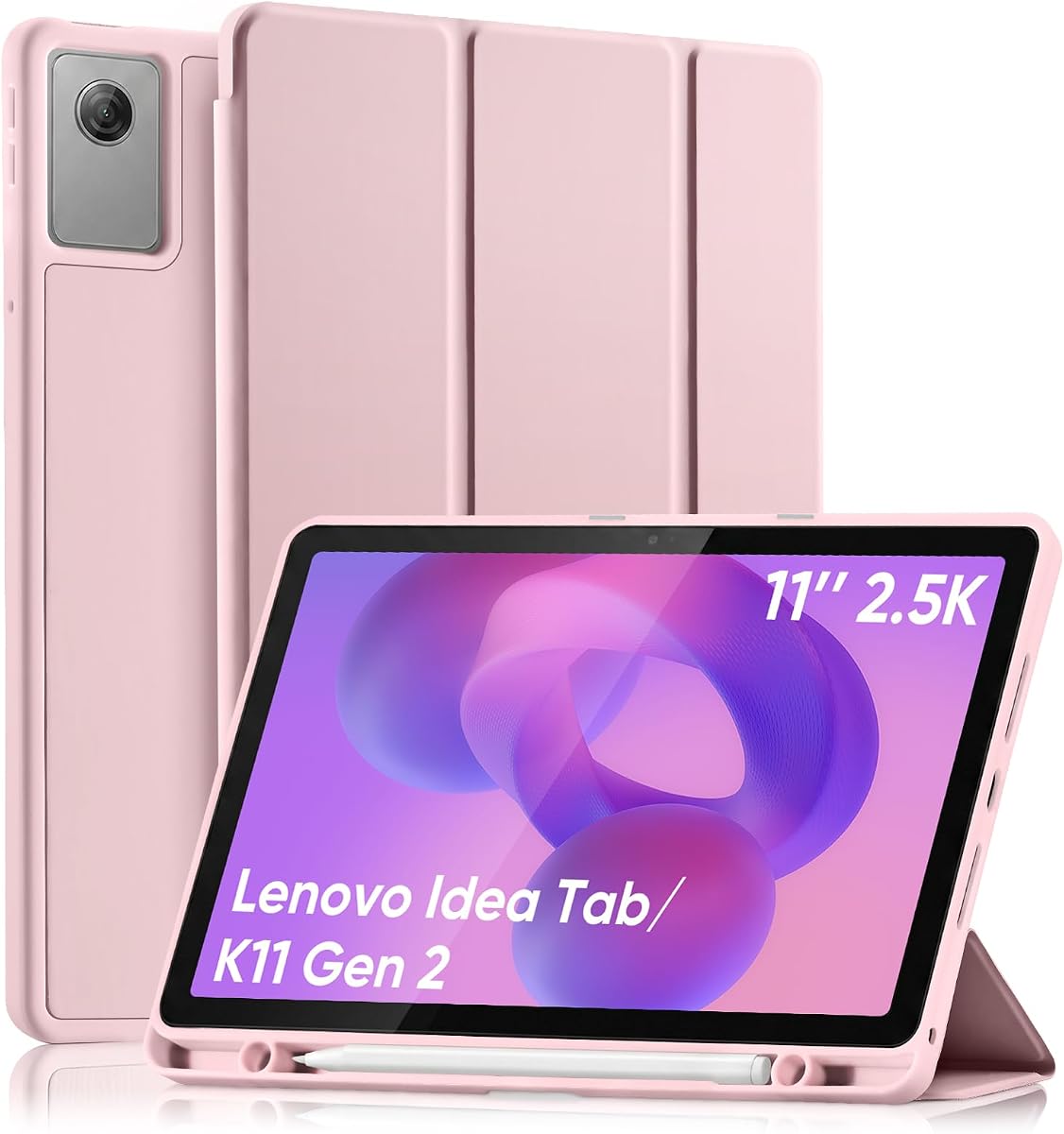 Case for Lenovo Idea Tab 11" 2025 / Tab K11 Gen 2 (TB-336ZU/TB-336FU) with Pencil Holder, Shockproof TPU Back Slim Trifold Stand Cover, Auto Sleep/Wake, Pink