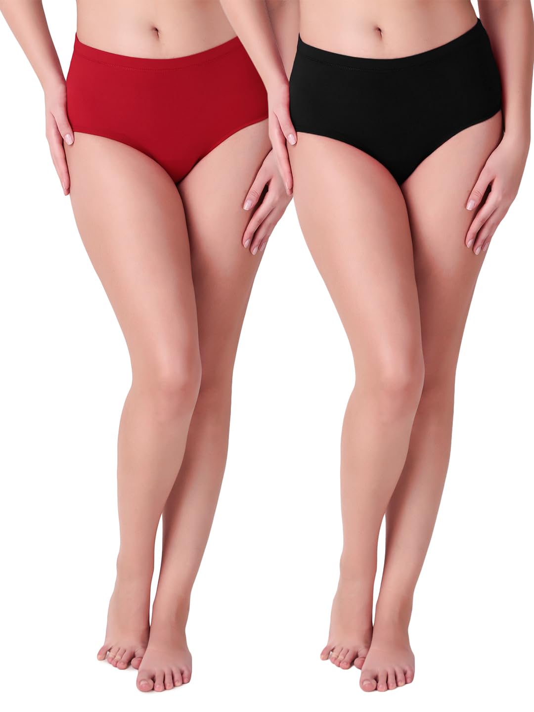 caredone Women's High Waist Briefs, Pack of 2, Red and Black, Full Coverage Underwear-picture-17