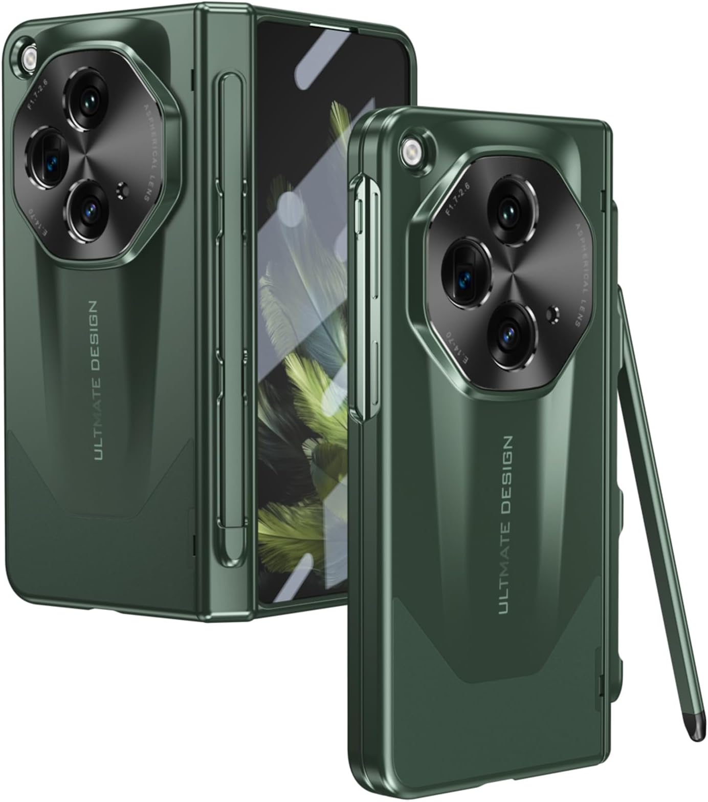 OnePlus Open Case with Stylus & Pen Holder, Octagon Camera Protector, Screen Protector, Hinge Protection, PC Plating, Green
