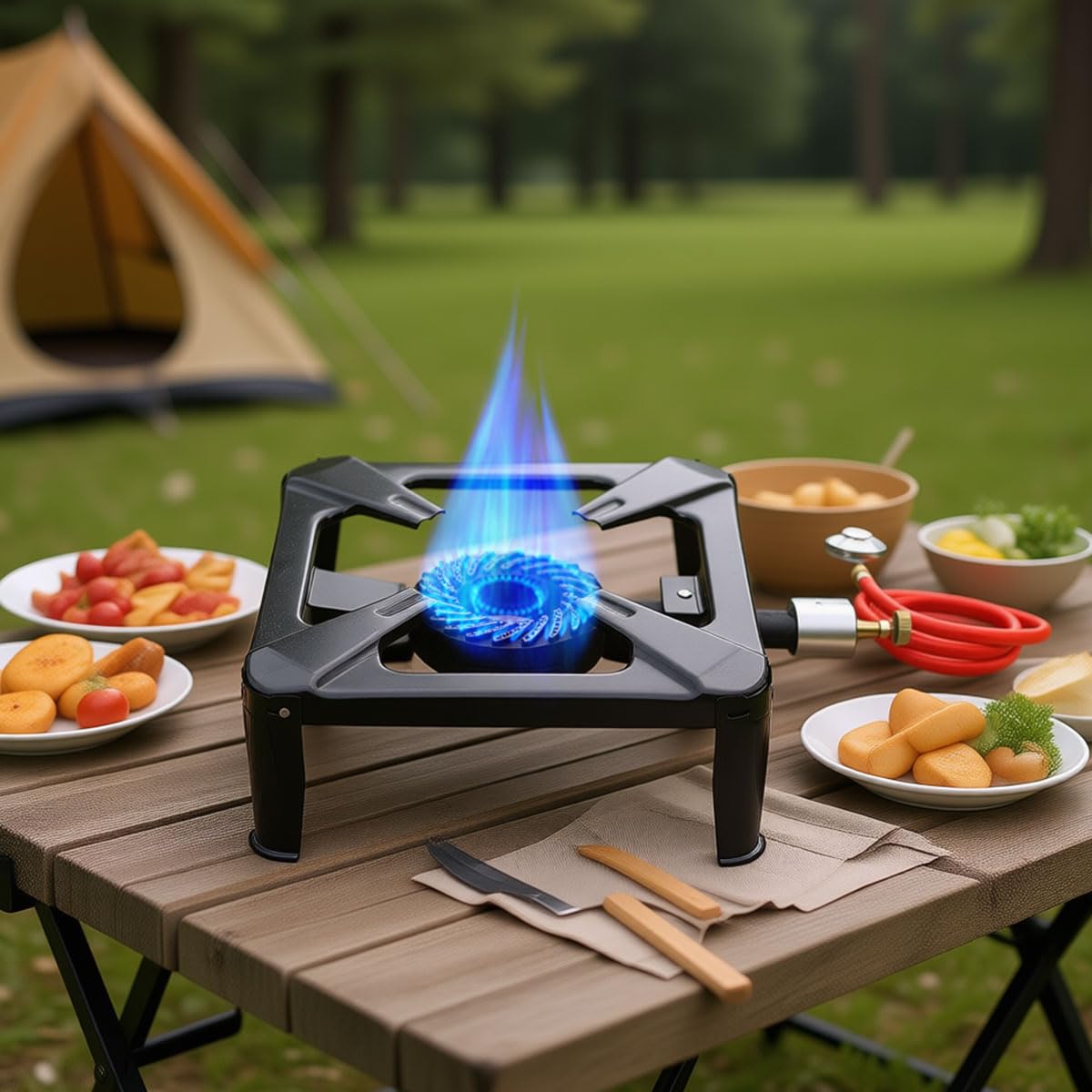 Réchaud à gaz 10 kW - 40 x 40 x 15 cm - 1 feu - Avec tuyau de 1,5 m et régulateur de pression de 50 mbar - Réchaud à gaz à 4 pieds - Pour camping et randonnée