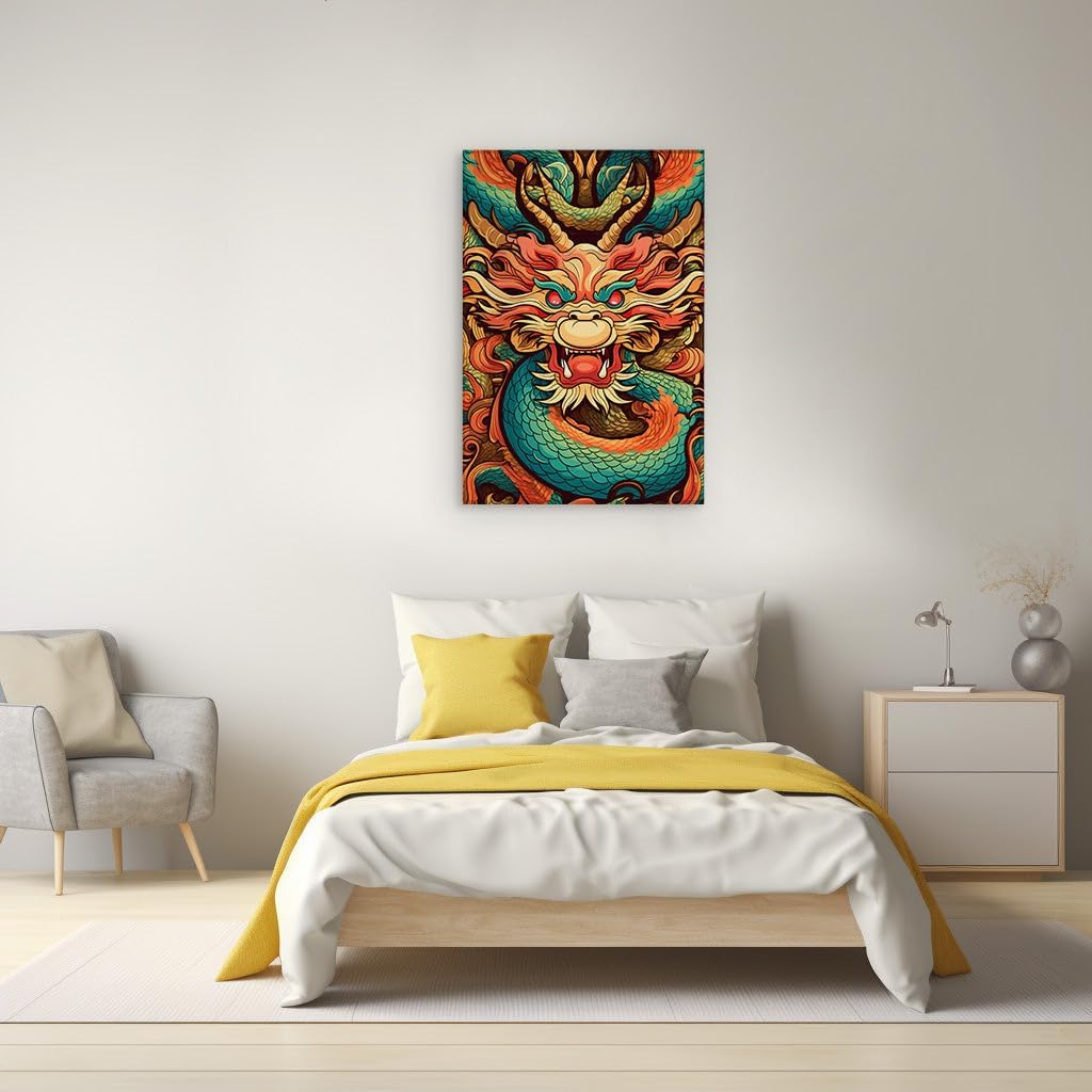 Canvas for Living room. Fiery Gaze of the Red-Eyed Dragon Amidst a Kaleidoscope of Color, 27 x 18 inch Canvas Wall Art - Contemporary Masterpieces - Modern Home Decor - 69x46 cm (27x18 inch)