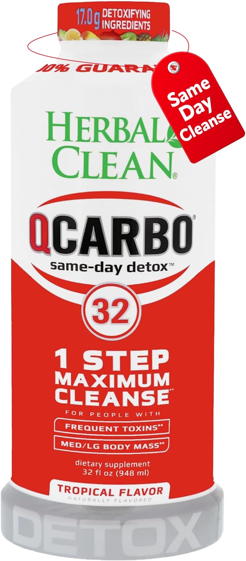 Herbal Clean Qcarbo32 Same-Day Detox Cleanse Drink (32 fl oz) - Tropical Flavor Full Body Cleanse* Detox Drink for Moderate Toxin Level*, Vitamin B2 and Vitamin B12 for Men & Women