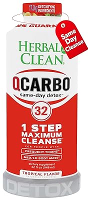 Herbal Clean Qcarbo32 Same-Day Detox Cleanse Drink 32 fl oz - Tropical Flavor Full Body Cleanse Detox Drink for Moderate Toxin Level, Vitamin B2 and Vitamin B12 for Men & Women