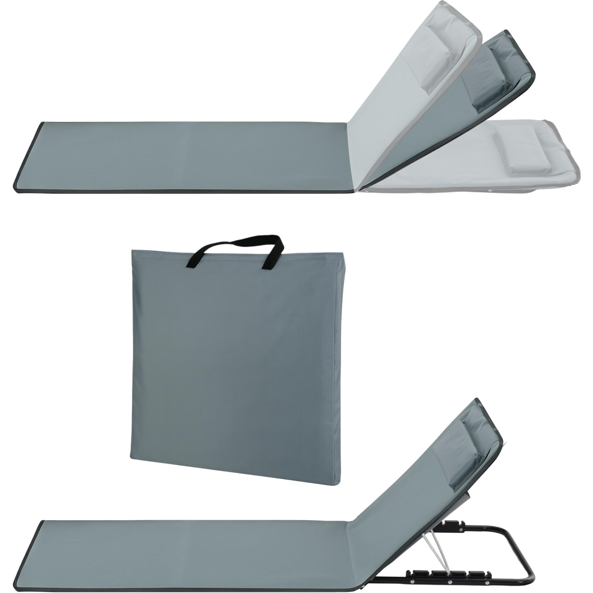 Stagecaptain BM-150 GY Beachmatte mit Kopfkissen, Grau, 145 x 48 cm | 6-fach verstellbare Lehne, 48 x 52 x 5 cm Packmaß, Tasche 30 x 27 cm, 16 mm Stahlrohrrahmen