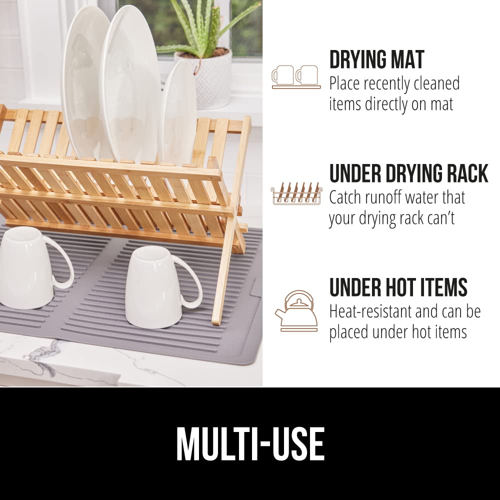 Gorilla Grip Dish Drying Mat for Kitchen Counter, Slip Resistant Silicone Quick Dry Pad for Washing Dishes, Heat Resistant Waterproof Dishwashing Rack, BPA Free Sink Mats, Easy Cleaning, 16x12, Gray