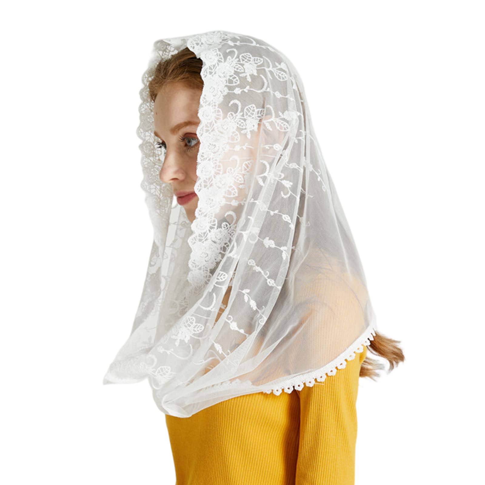 Royjj Women's White Mantilla Veil Catholic Veil Lace Head Mass Veil Headcovering Veil Mass Veil Lace Mesh Headscarf