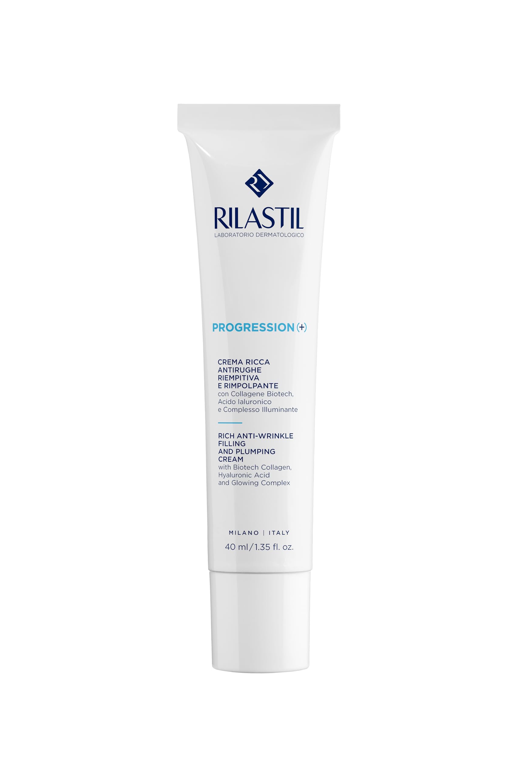 Rilastil Progression(+) Crema Ricca Antirughe Riempitiva e Rimpolpante, Trattamento Rughe Marcate, Antiaging, Rimpolpante per Pelli Mature con Collagen, Acido Ialuronico, Confezione da 40 ml