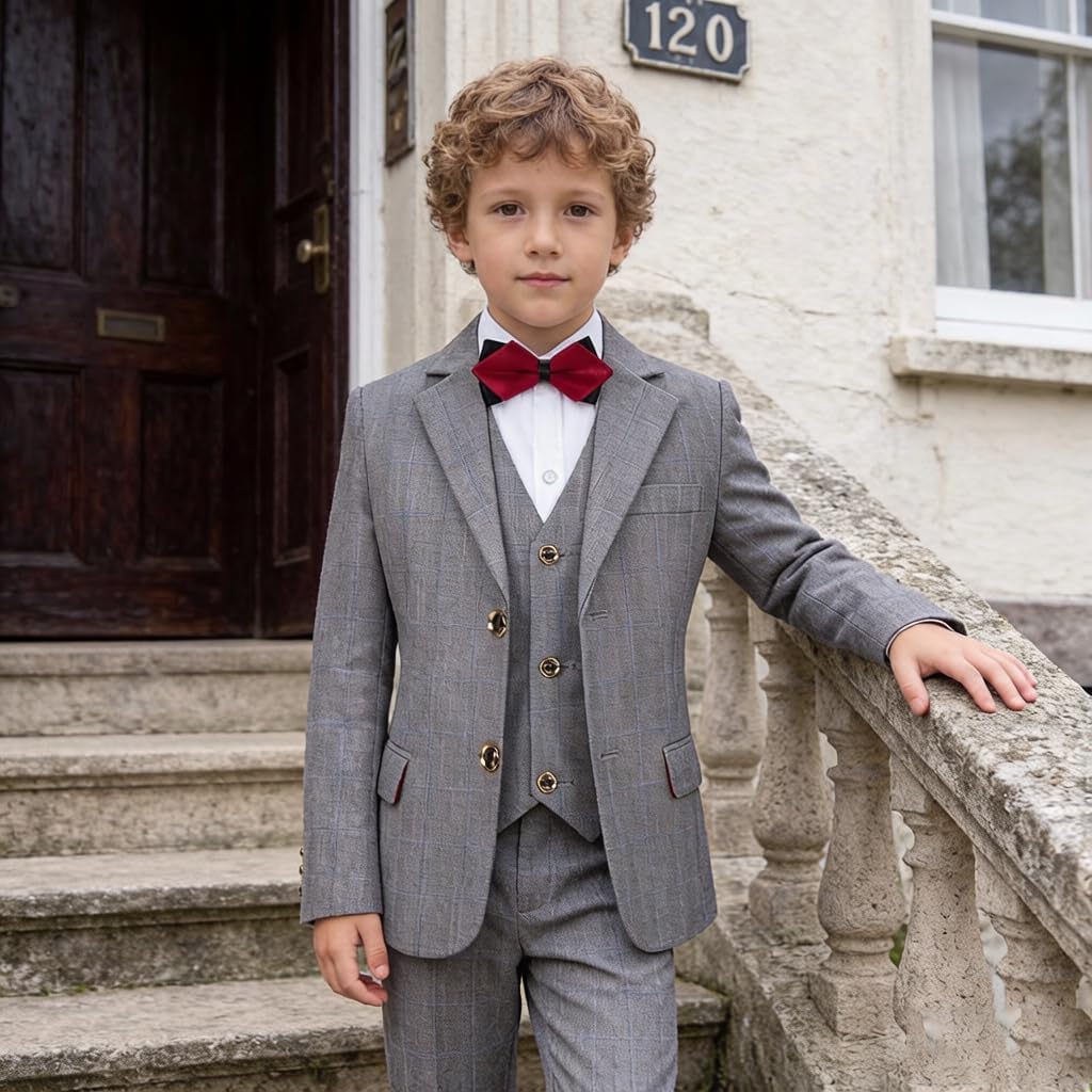 Boys Suits Set Kids Plaid Dress Suit Slim Fit Checkered Stripe Tuxedo