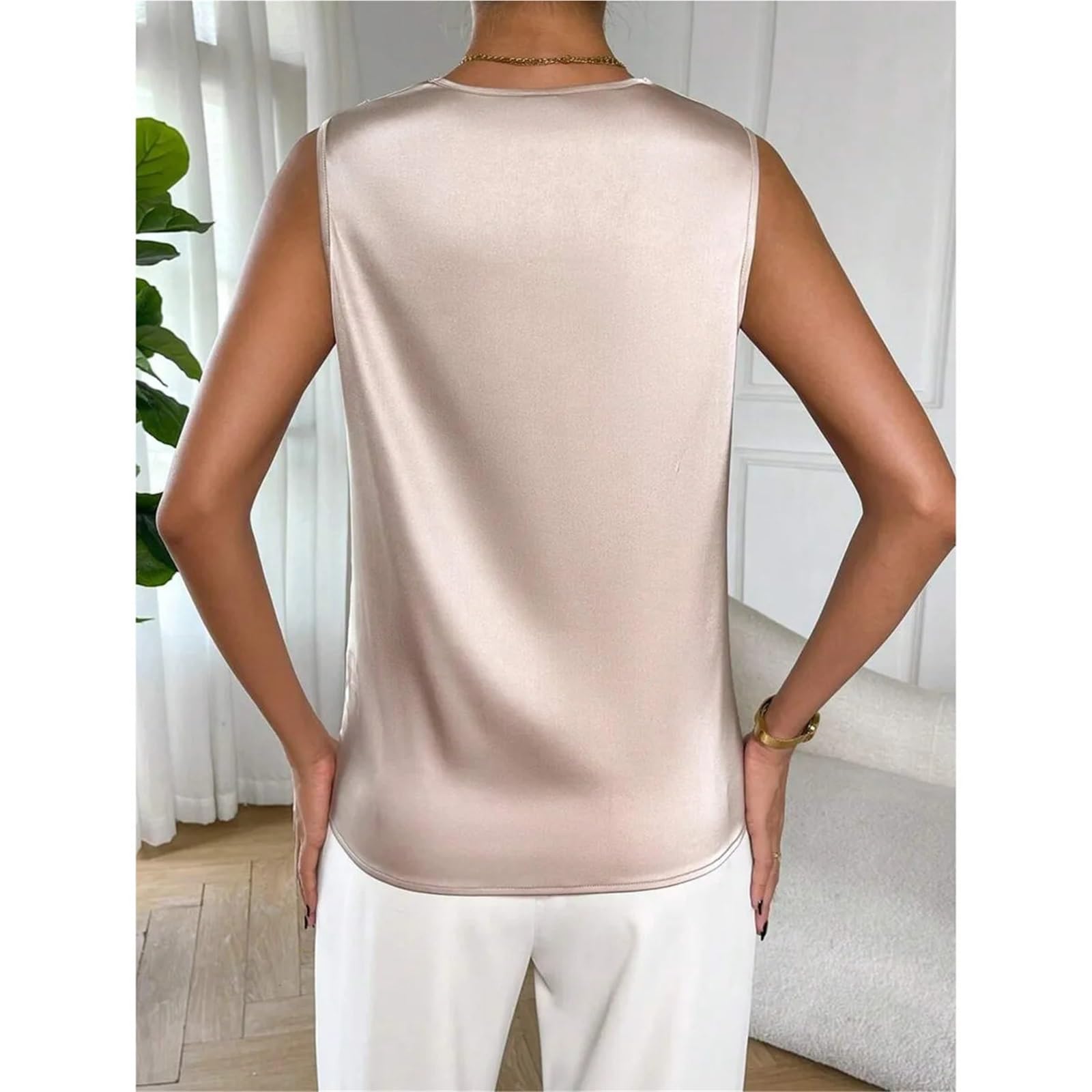 Camiseta Tirantes Mujer Blusa de satén sin Mangas for Mujer: Blusa Estilo Camisa con Escote en V drapeado y Volantes Cascada, Elegante Seda