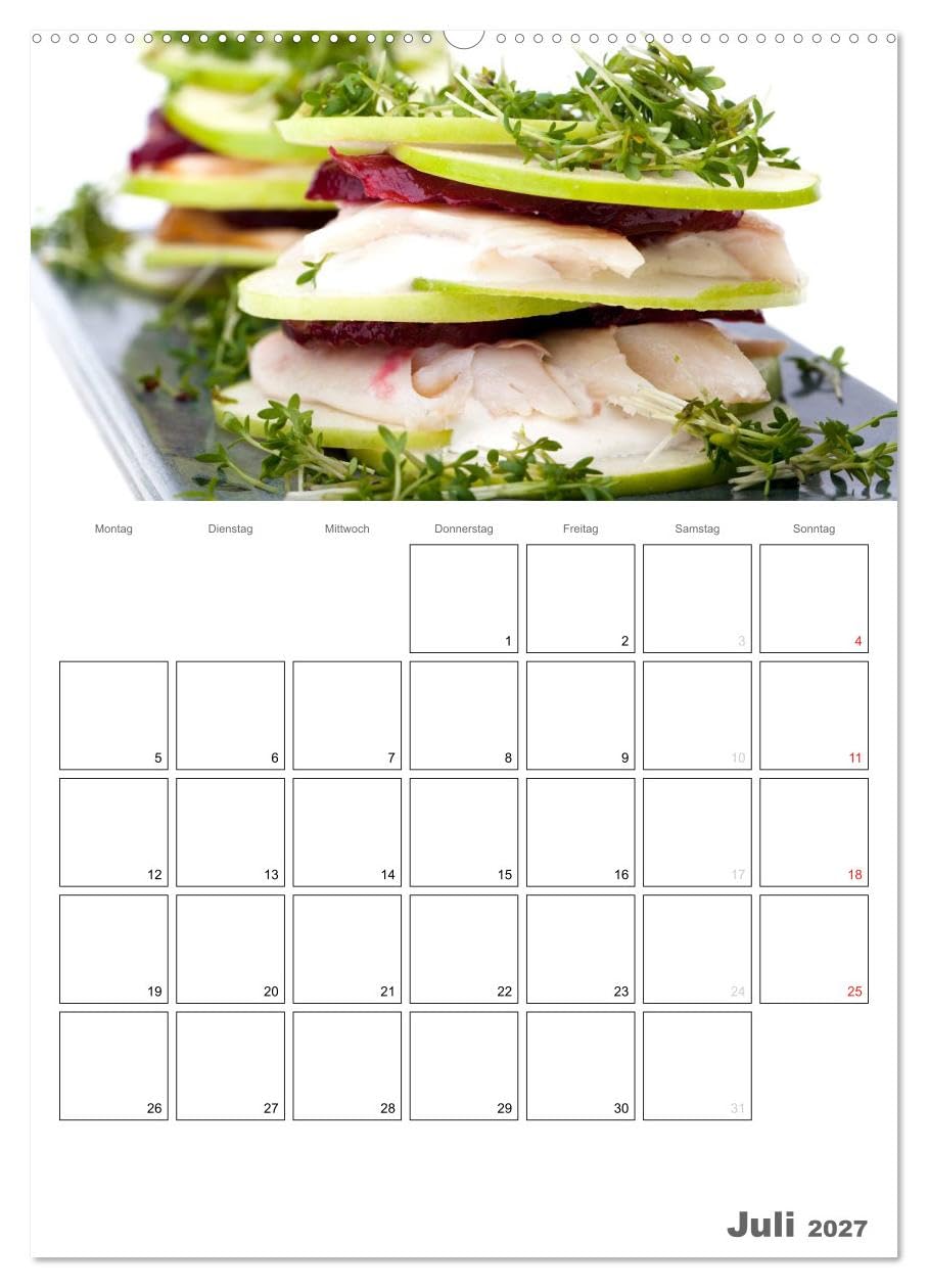 CALVENDO - Frische Küche - Der hilfreiche Monatsplaner/Planer (hochwertiger Premium Wandkalender 2027 DIN A2 hoch), Kunstdruck in Hochglanz: Kunstvoll zubereitete Speisen und frische Zutaten bilden