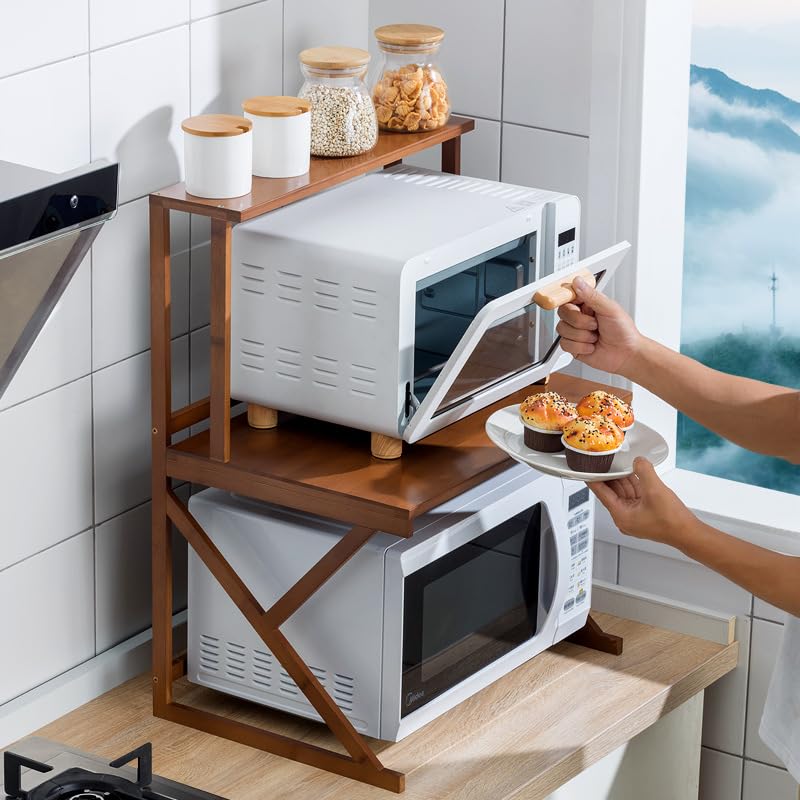 LYGXWJFC Drewniany stojak na kuchenkę mikrofalową — stojak kuchenny o dużej pojemności na kuchenkę mikrofalową i sprzęt AGD, oszczędzający miejsce blat, solidna półka kuchenna do przechowywania