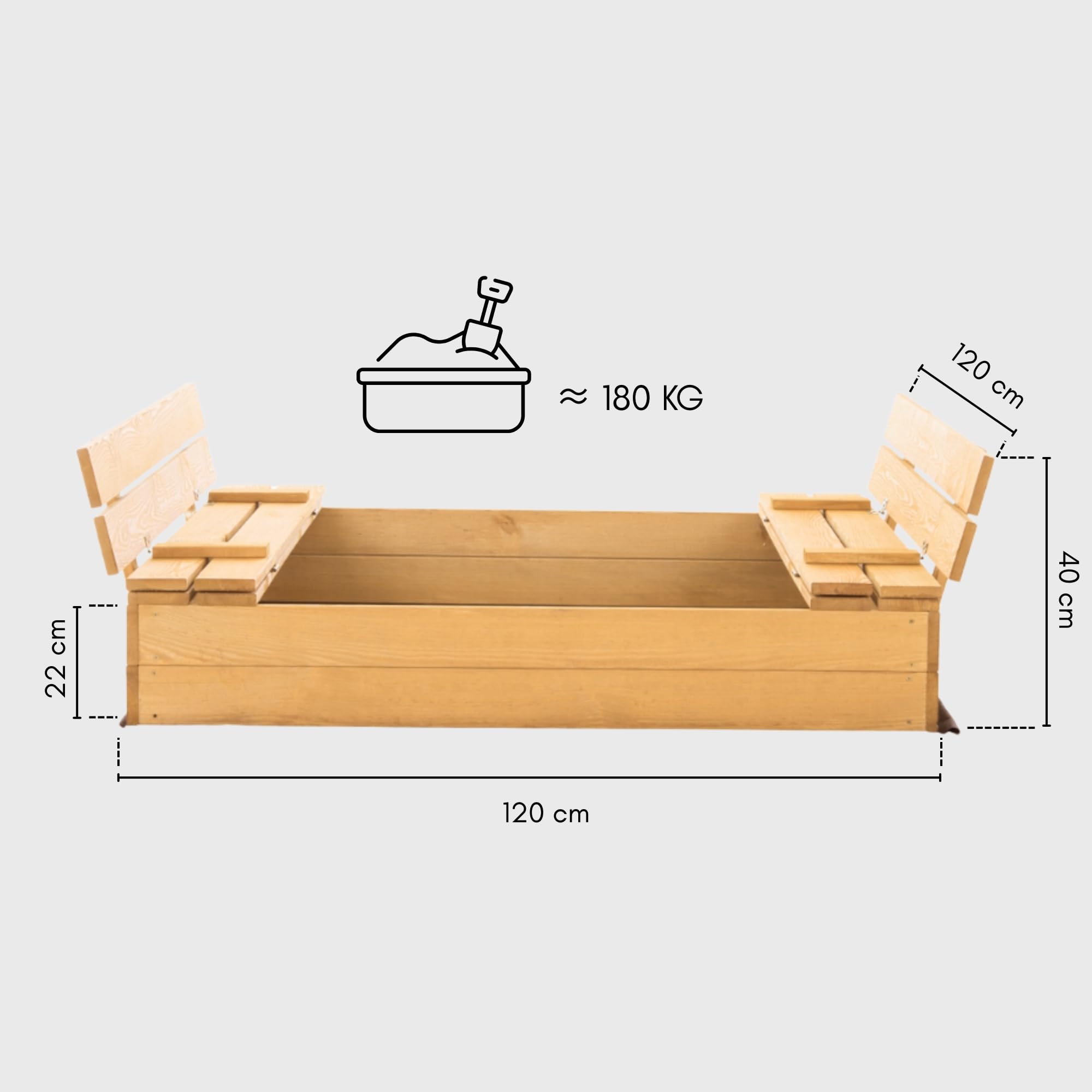 Sandkasten mit Abdeckung - 120 x 120 cm - Sandkasten Holz mit Deckel & Sitzbänken - Gartenspielzeug für Kinder - Sandkiste Imprägniert - Sandbox - Naturholz