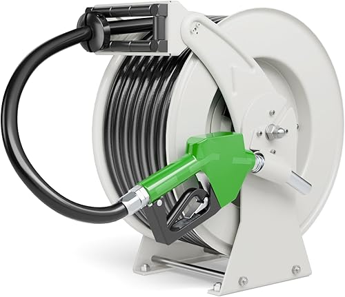 Carrete de manguera de combustible retráctil con boquilla de combustible, manguera diésel de 34 pulgadas x 66 pies, 300 PSI, carrete de soporte