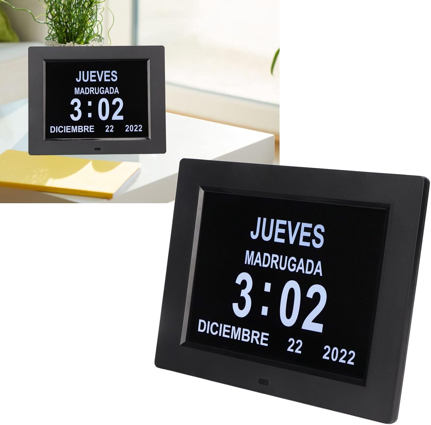 Yunir Digital Day Calendar Clock, 8 Inch Auto Dimming Reminder Electronic Calendar Alarm Day Clock with Large Font Display, Supports Multiple Languages, (US Plug)