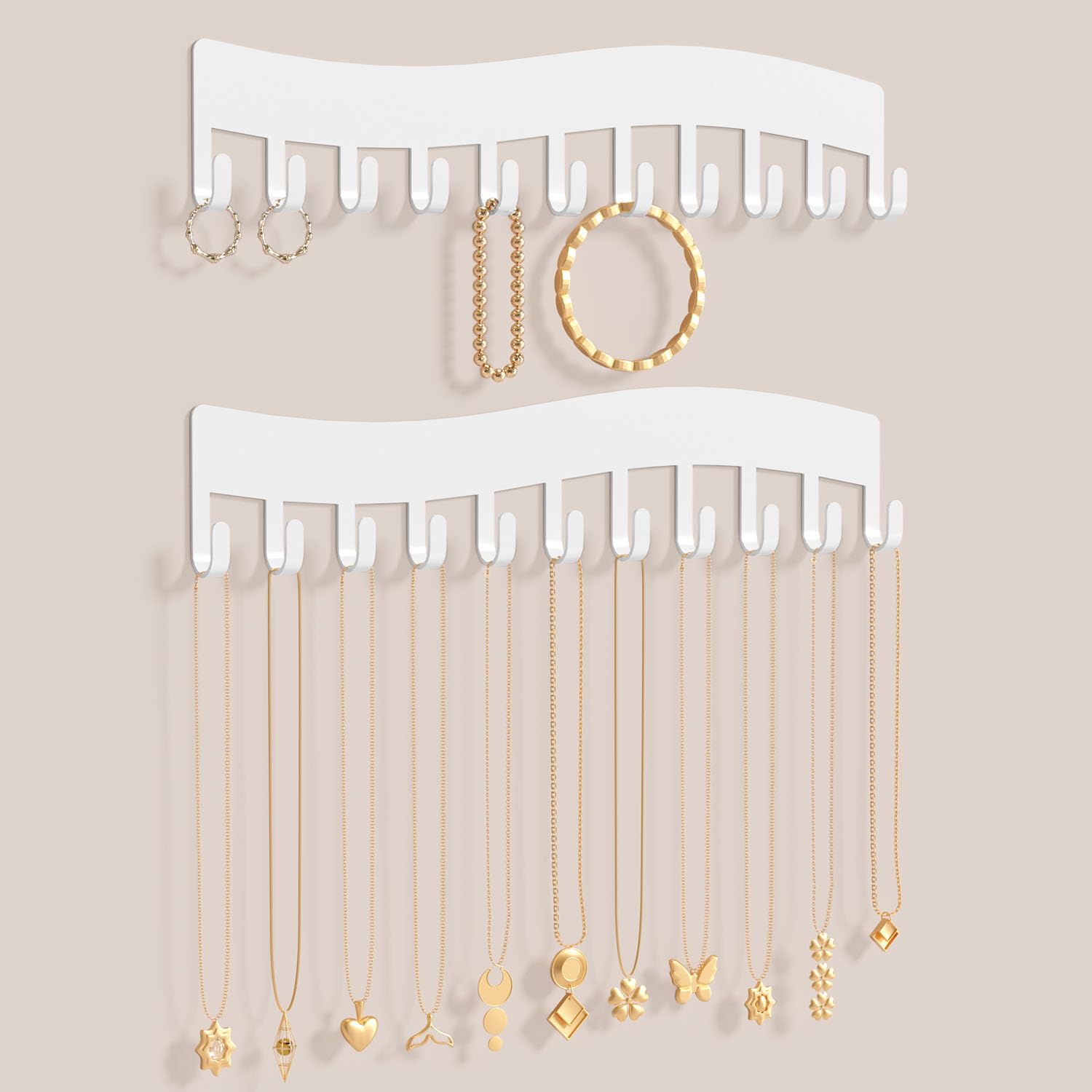 Josmimic Organizador de joyas de pared – Soporte para collares, pulseras y pendientes – Almacenamiento colgante, juego de 2, blanco