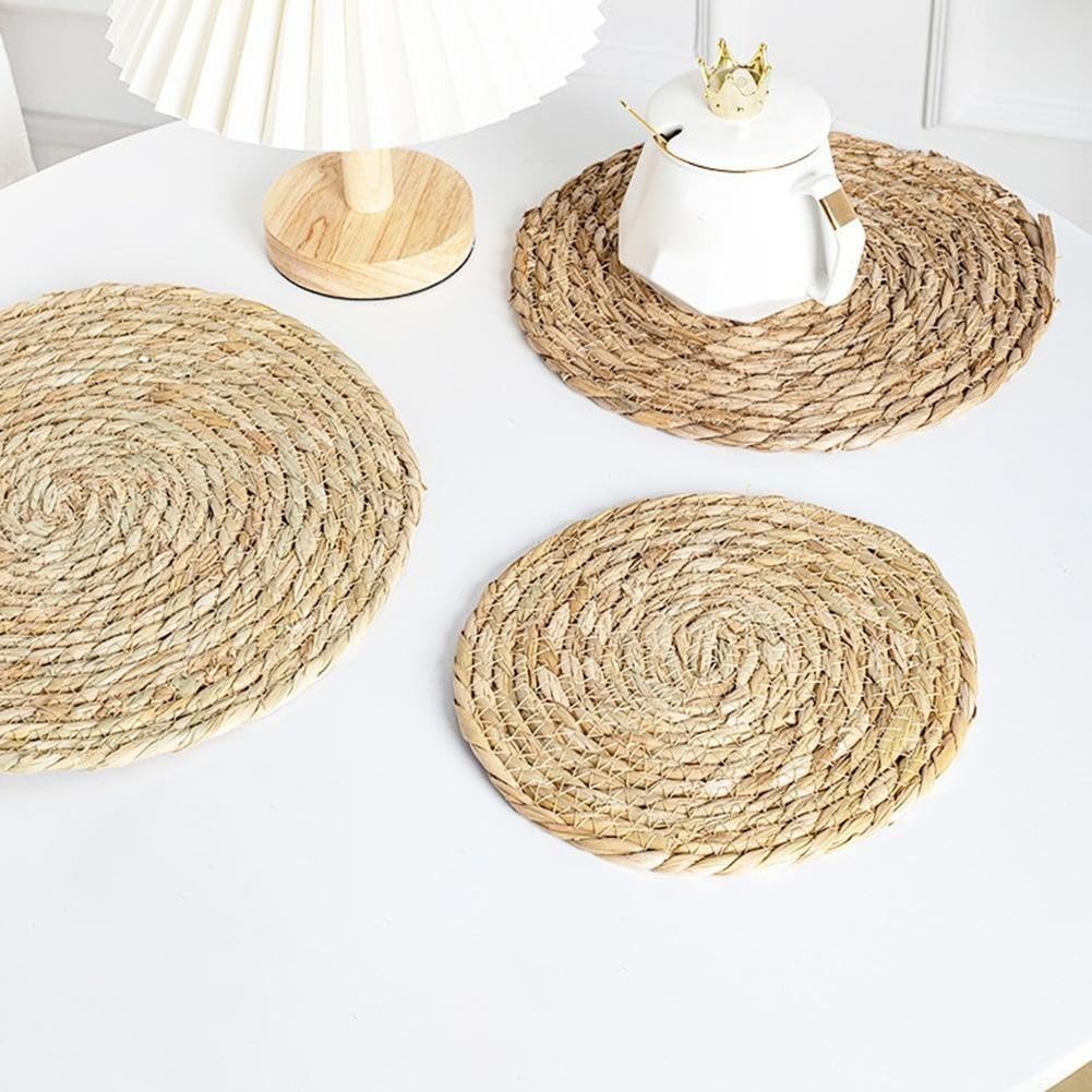 Tovagliette rotonde in paglia intrecciata, isolamento termico, decorazione per la tavola della fattoria bohémien, 33 cm e 35 cm, per sala da pranzo, feste di nozze, uso esterno, confezione