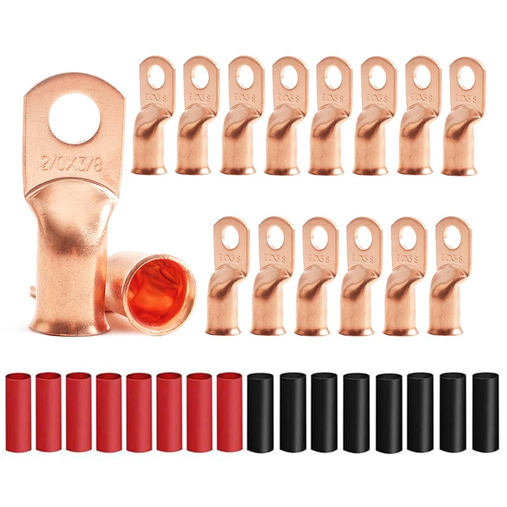 16Pcs 2/0 AWG 3/8 Cable Terminals Heavy Duty Copper Wire Lugs with 16Pcs Heat Shrink Tubing 2/0 Gauge Ring Terminals 00 Gauge Battery Cable Ends Bare