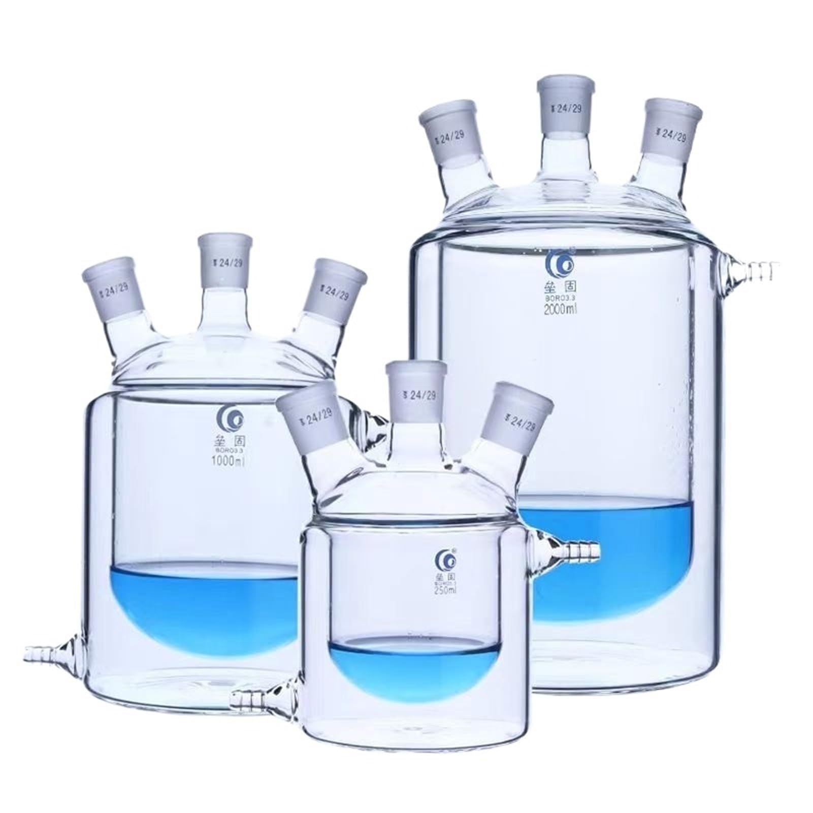 Doppelschichtiger Labor-Reaktionskolben mit flachem Boden und drei Öffnungen | 3000mL 24x24x24