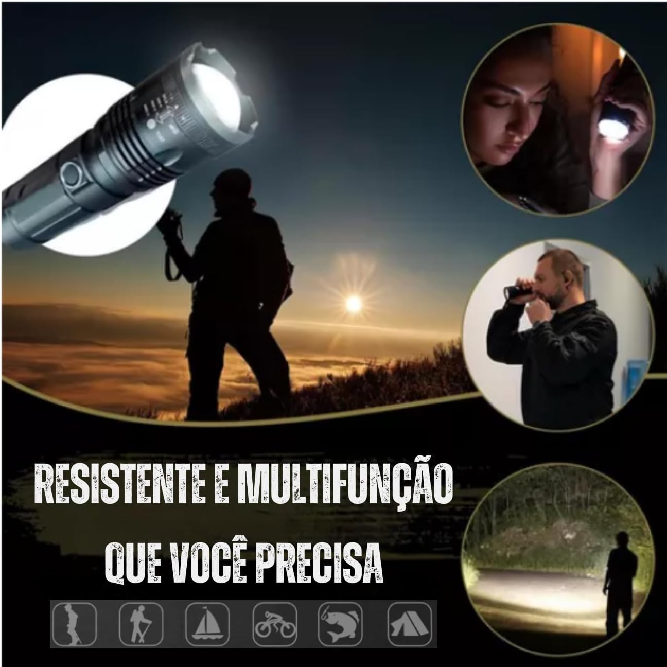 Lanterna Tática Sabre de Luz, Alcance 2 Mil Metros, LED Militar, Zoom Regulável, Recarregável USB, Função Power Bank, Resistente à Água, Compacta e Durável, Incluindo Função Estroboscópica.