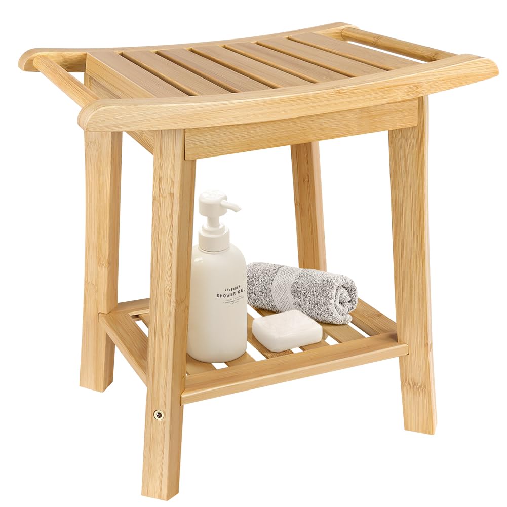 BFTOU 2-Tier Bamboo Shower Bench Small Shower Stool with Storage Shelf SPA Bathtub Shower Chair for Living Room Bedroom Bathroom, Natural