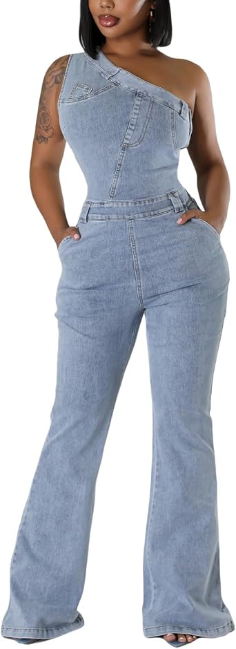 Womens Sleeveless One Shoulder Denim Jumpsuit Flare Leg Slim Fit Stretch Blue Jean Jumper Long Romper Pants