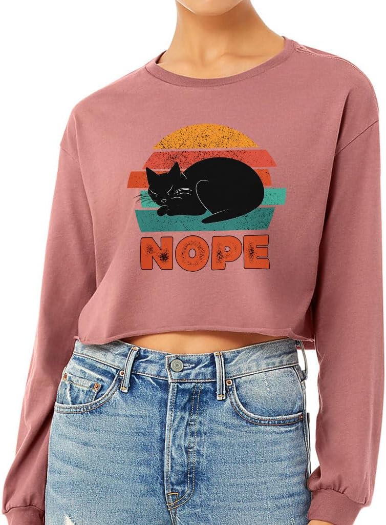 Cat Print Cropped Long Sleeve T-Shirt - Lazy Women's T-Shirt - Art Long Sleeve Tee - Mauve, L