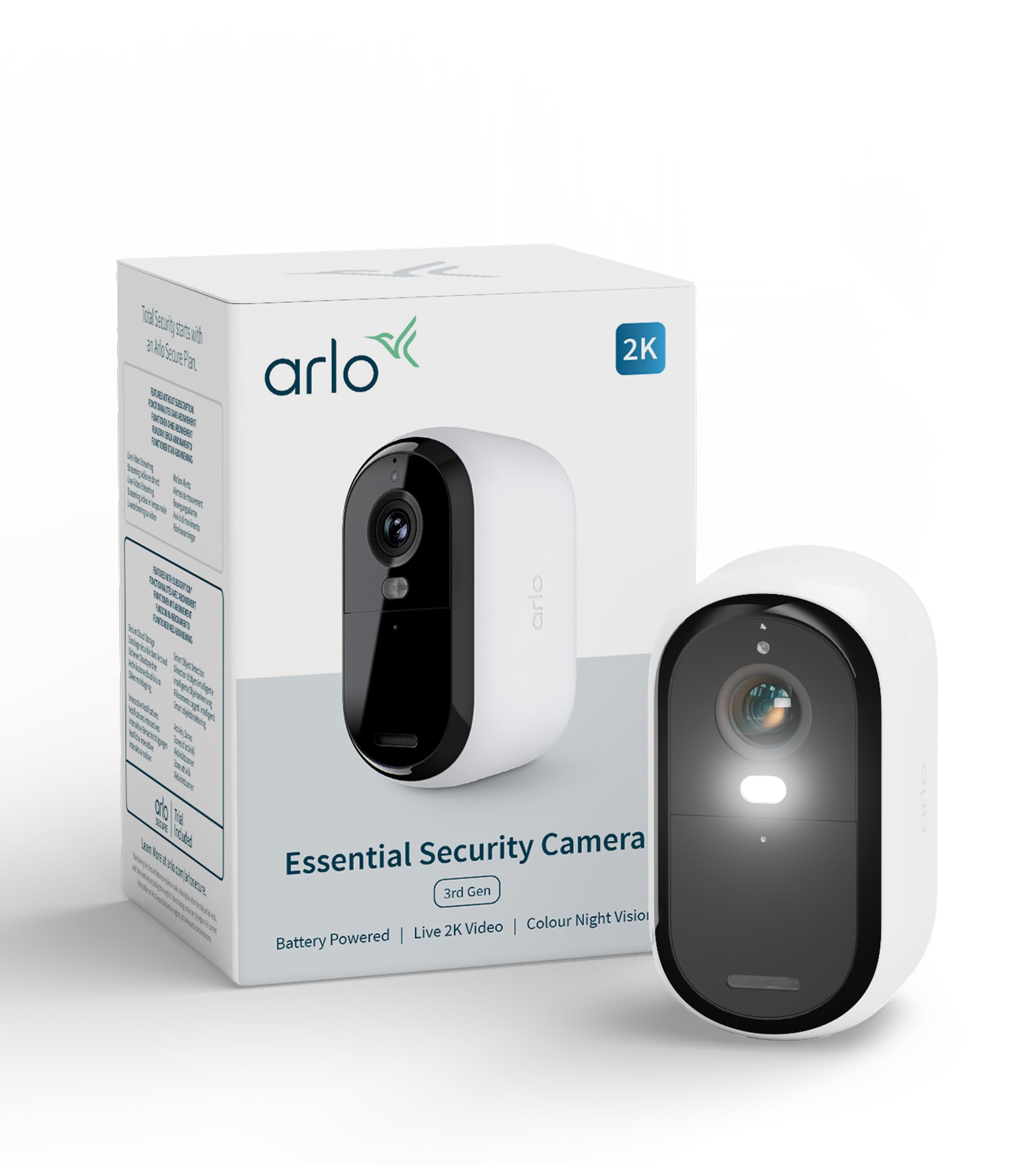 Arlo Essential 3 2K Akku Überwachungskamera Aussen WLAN, Kabellos, 2K Video, Farbnachtsicht, Licht, Bewegungsmelder, Sirene, 2-Wege Audio, Smart Home, mit Secure Plan Testzeitraum, 1er Set