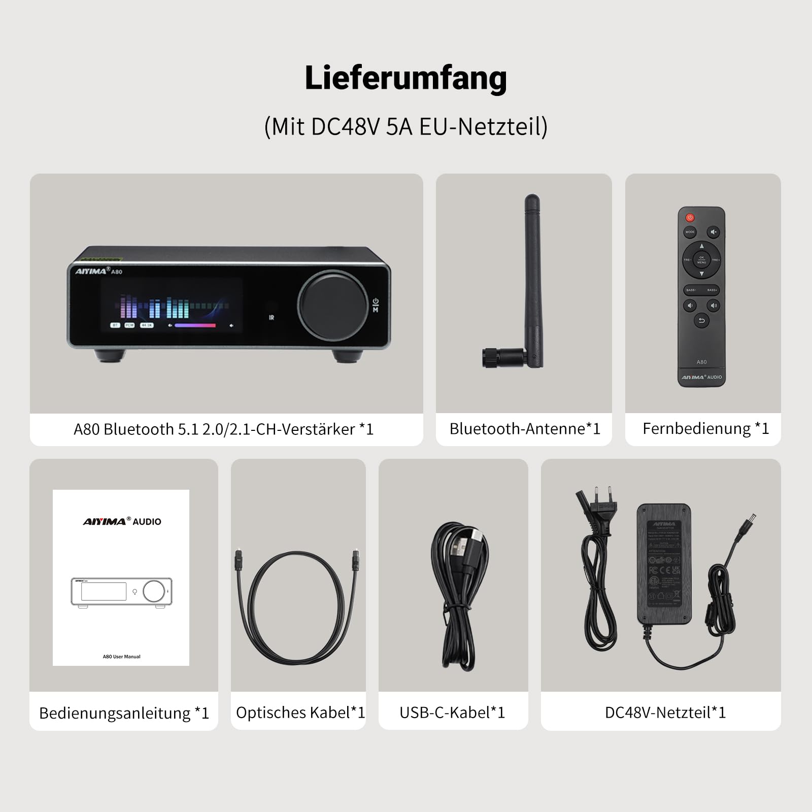 AIYIMA A80 Leistungsverstärker DAC mit PFFB TPA3255D2 Stereo HiFi 2.0 Kanal Klasse D Bluetooth Verstärker 300Wx2 ESS9038Q2M Decoder Heimkino-Receiver mit PC-USB Koaxial Optischer TRS Cinch-Eingang