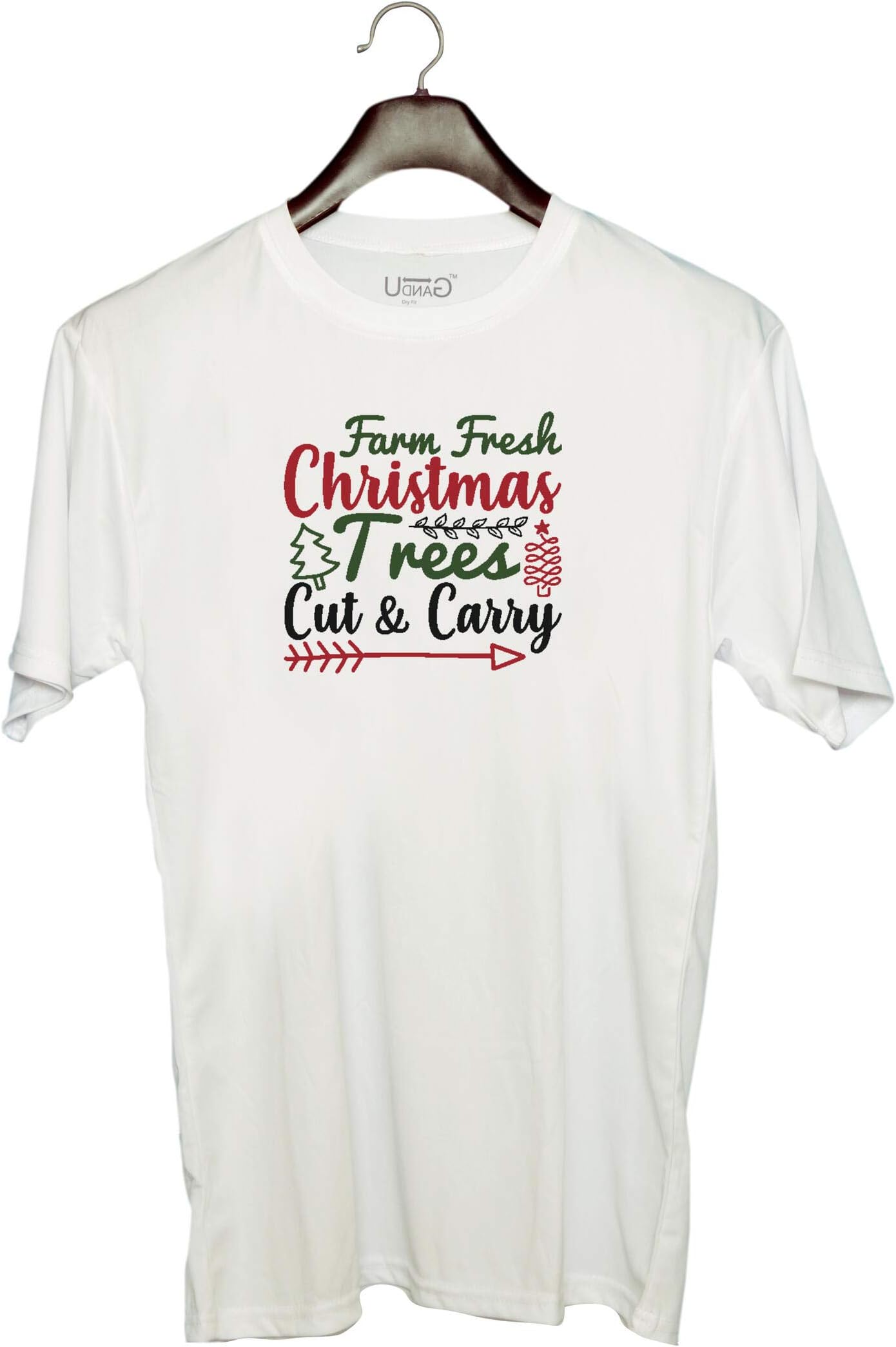 UDNAGUnisex Round Neck Graphic 'Christmas | Farm Fresh Christmas Trees Cut and Carry' Polyester T-Shirt White [Size 2YrsOld/22in to 7XL/56in]
