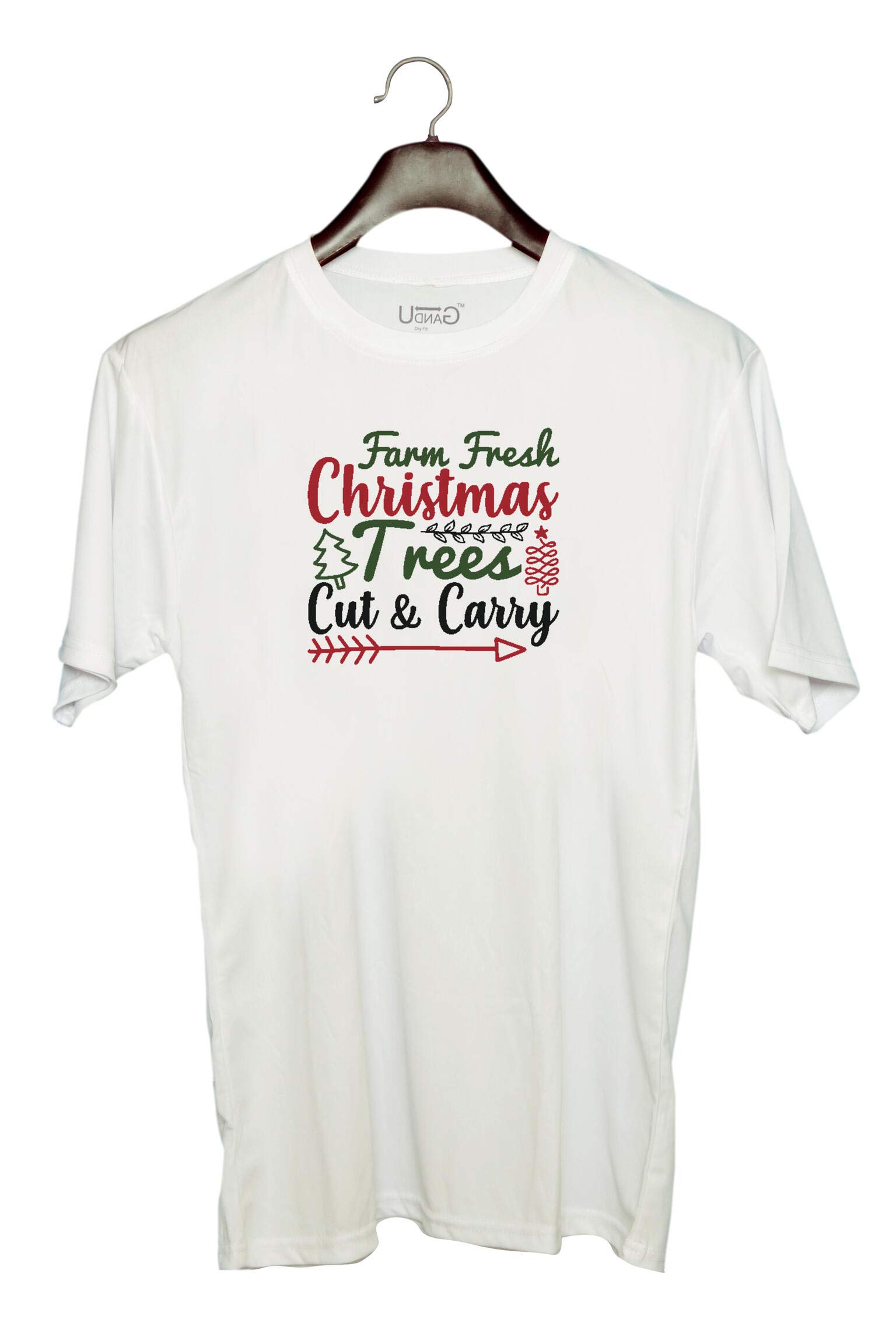 UDNAGUnisex Round Neck Graphic 'Christmas | Farm Fresh Christmas Trees Cut and Carry' Polyester T-Shirt White [Size 2YrsOld/22in to 7XL/56in]