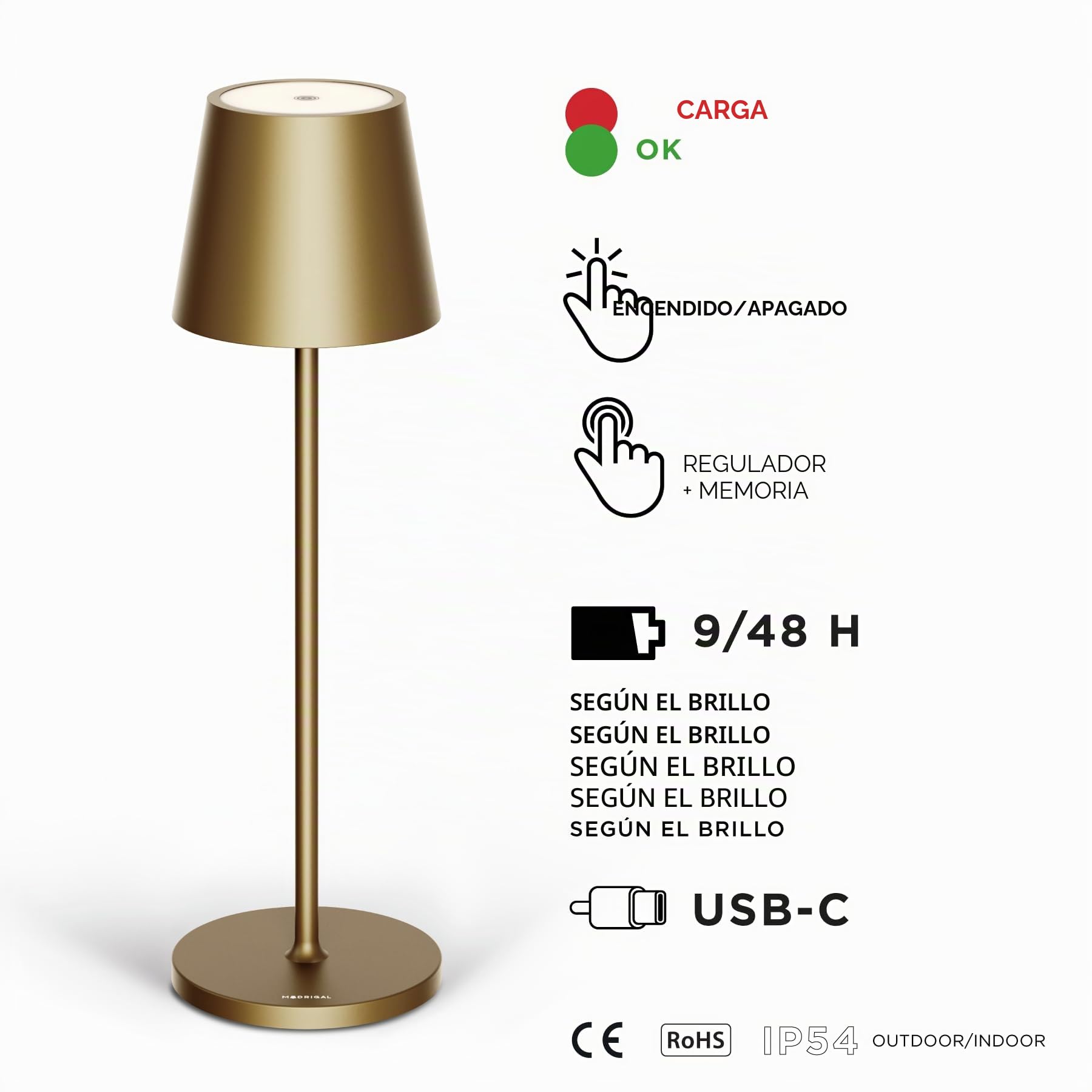Stilosa Classica 3 - Lámpara de mesa LED recargable por USB de larga duración con base redonda - Luz regulable (dimmer) con toque -Casa y Restaurante - Dorado Oscuro