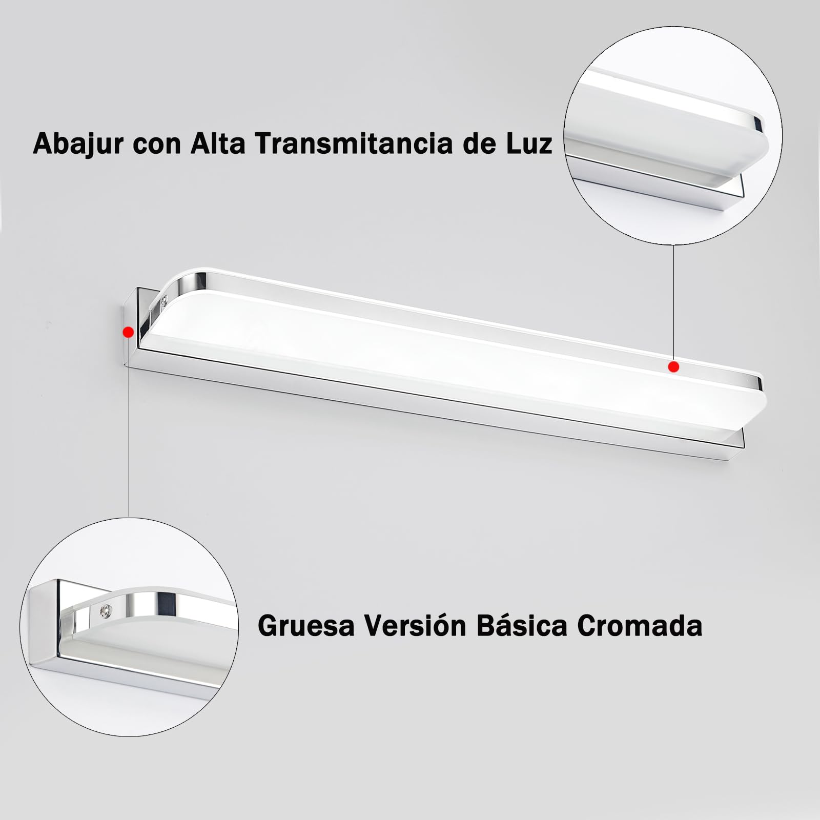 Aplique Espejo Baño 42cm,IP44 Impermeable,Blanco Frío 6000K | Lampara Espejo Baño con Interruptor Luz Espejo Baño 9W 230V Aplique Luz Espejo Baño de Aluminio