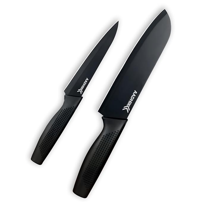 AADHIK Kitchen Knife Stainless Steel 2 Pieces Professional Knife Set with Color Printing and Non-Slip Handle (2 PCS Black)