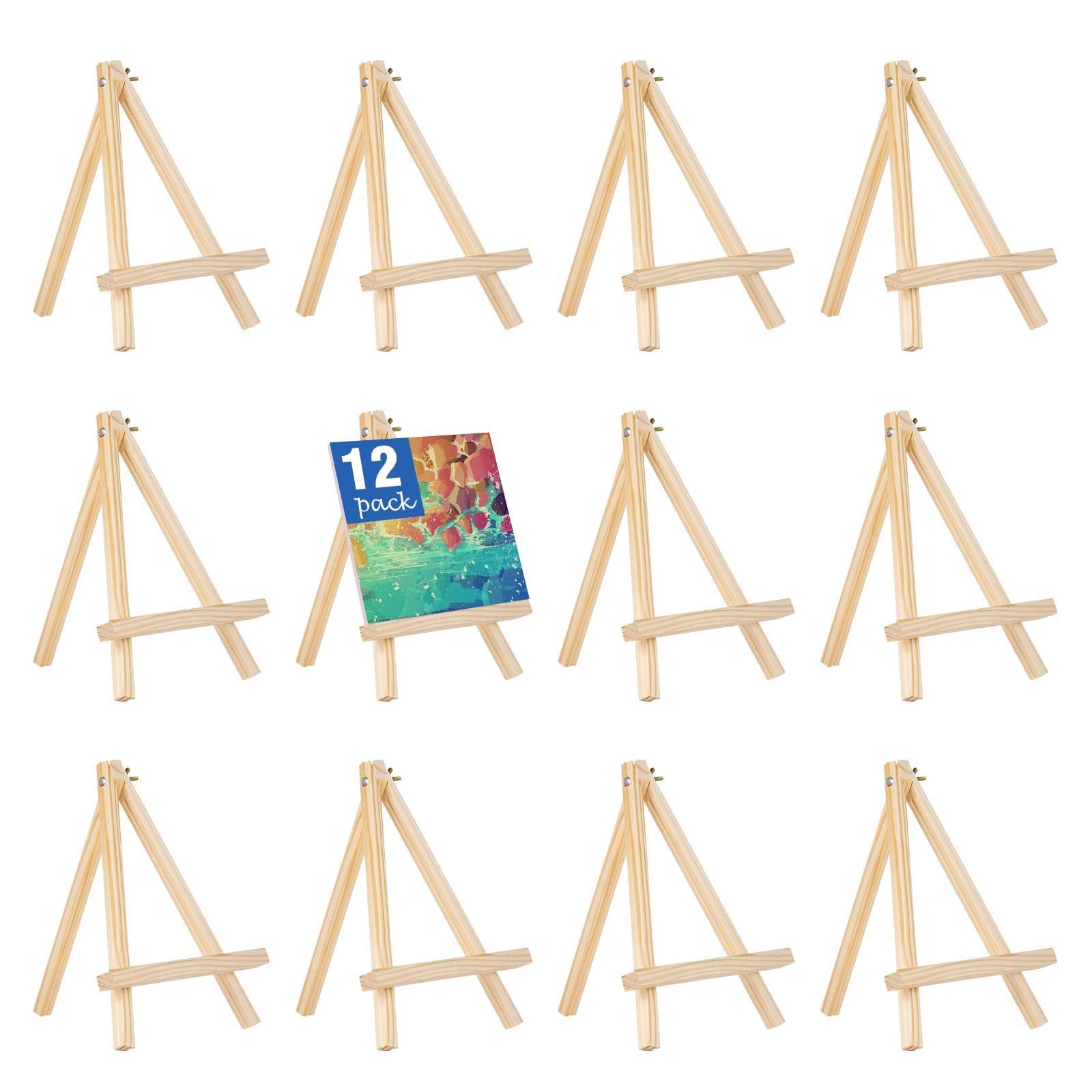 falling in art 12 pack mini wooden display easels, 10 inch tripod painting easel stand, portable art canvas holder for photos, prints and signs