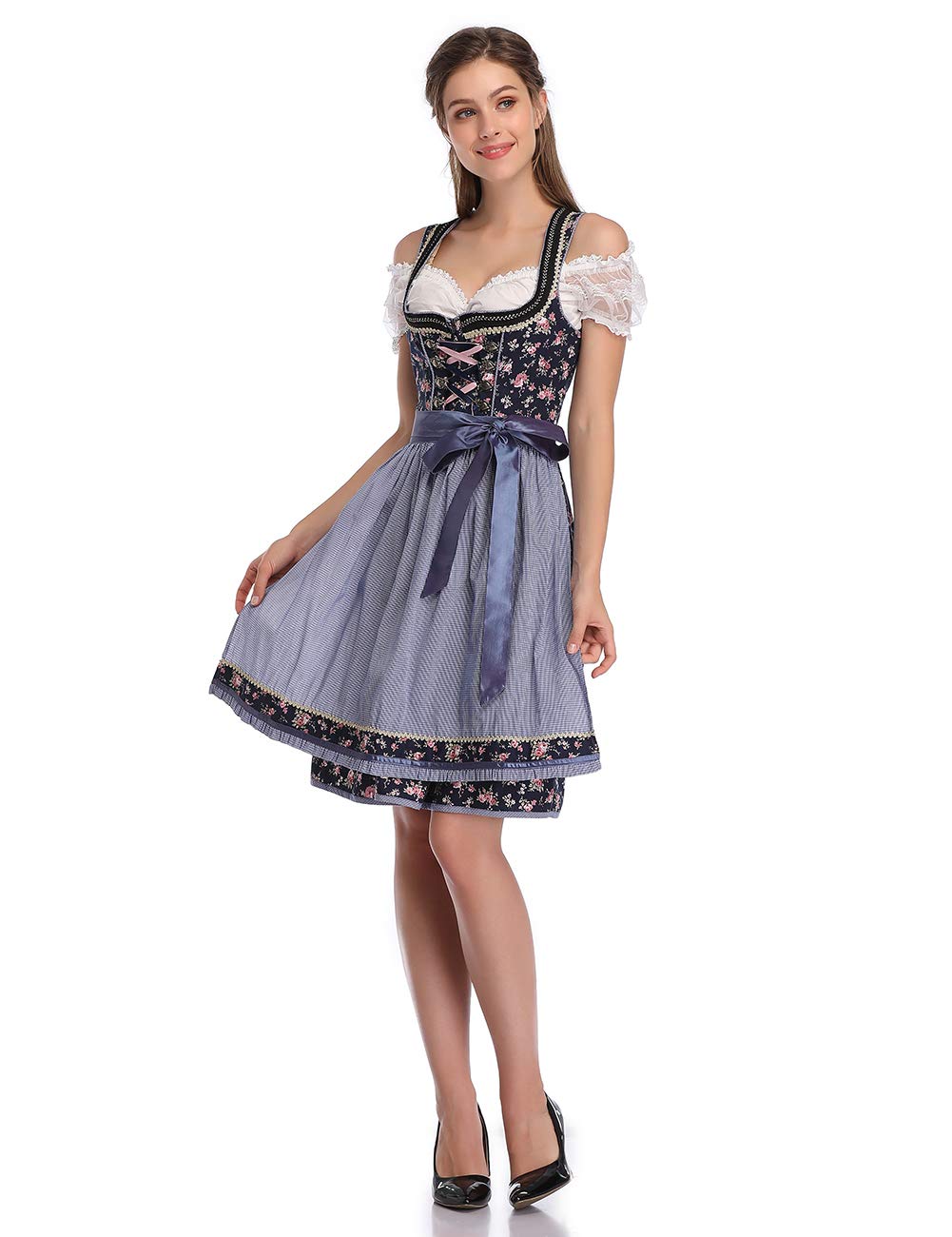 KOJOOIN Abito Donna Dirndl Bavaria Oktoberfest Set 3 Pezzi Camicia e Grembiule Dirndl Manica Corta Grembiule Bavarese Oktoberfest Cameriera Abiti da Festa