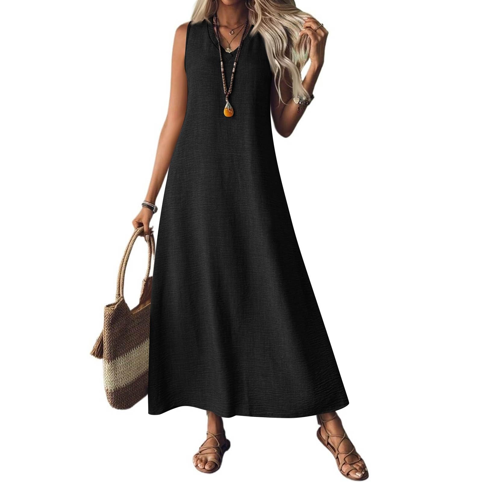 Kleid Damen Leinenkleider für Damen V-Ausschnitt ärmelloses Maxikleid, lässiges, Schlichtes, langes, fließendes Sommerkleid für Strand und Urlaub