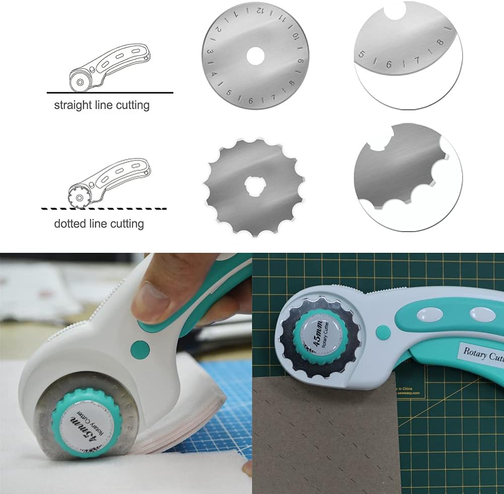 Headley Tools Rotary Cutter Set - 45mm Fabric Cutter, 9 Extra Rotary Blades,12"x12" Rotating Cutting Mat, for Fabric, Sewing, Quilting, Cloth, Paper, Leather, Crafting, Green