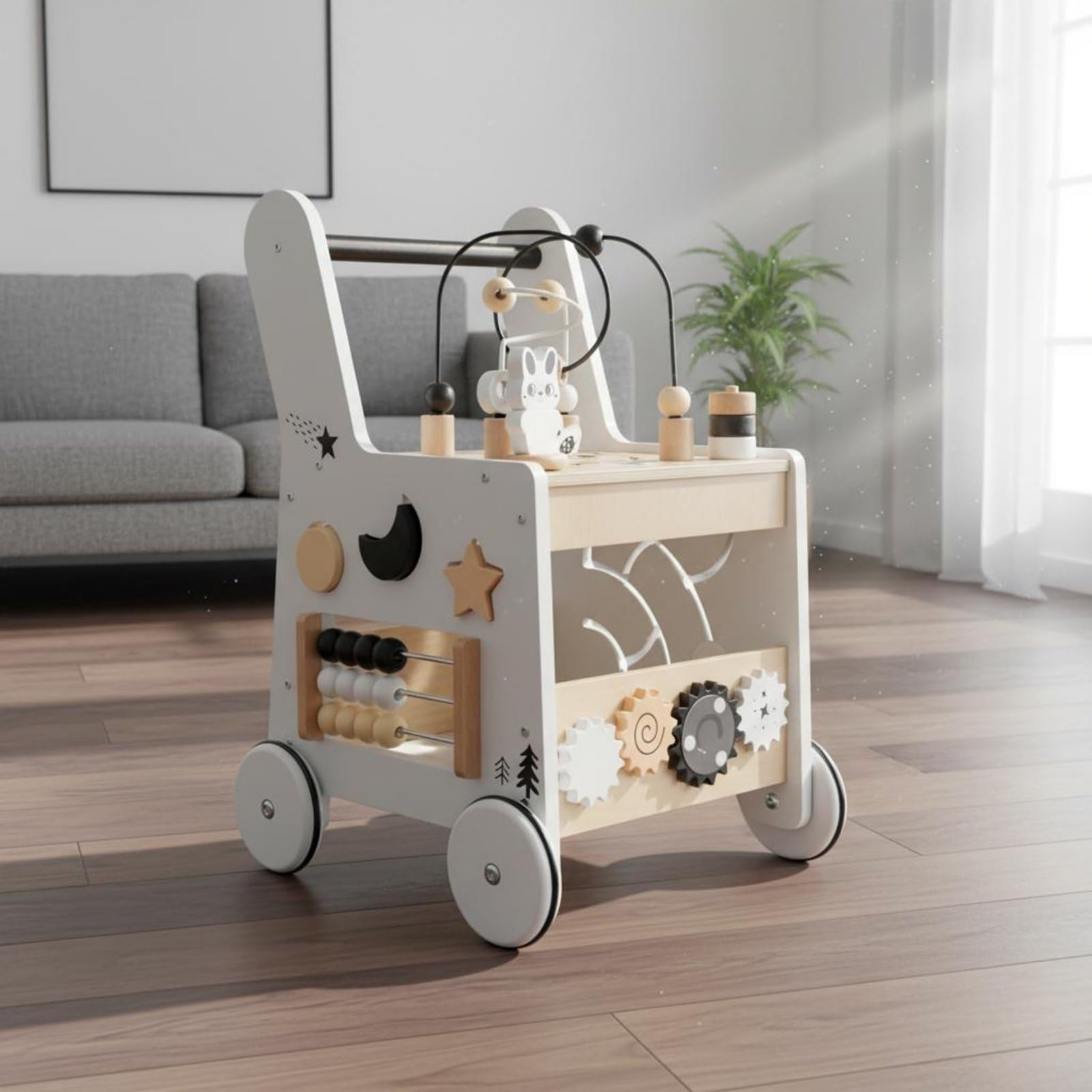 Lernwagen Kinder Lauflernwagen Aktivitätswagen Spielwagen Holz Lernspielzeug Motorikbrett mit Griff Stabile Räder Formensortierer Texturen Förderung