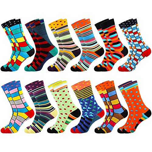 Jeasona Mens Funny Fun Crazy Dress Crew Socks Pack Funky Novelty Cool Gifts (Multicolored Geometry 12 Pairs)