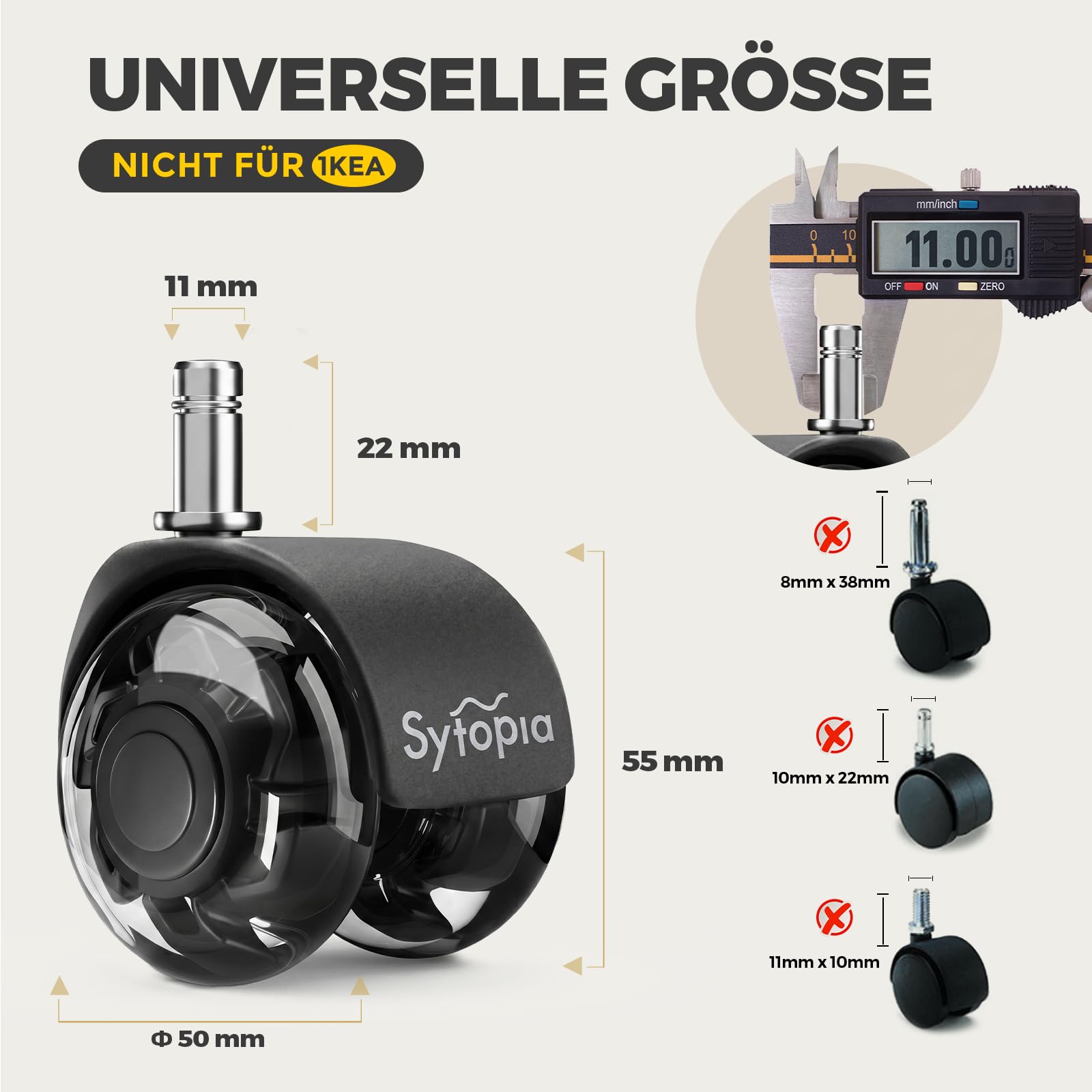 Sytopia Set di 5 ruote per sedie da ufficio, ruote in gomma silenziose perfette per sedie da ufficio, ruote per pavimenti duri, parquet (nero, non per 1KEA)