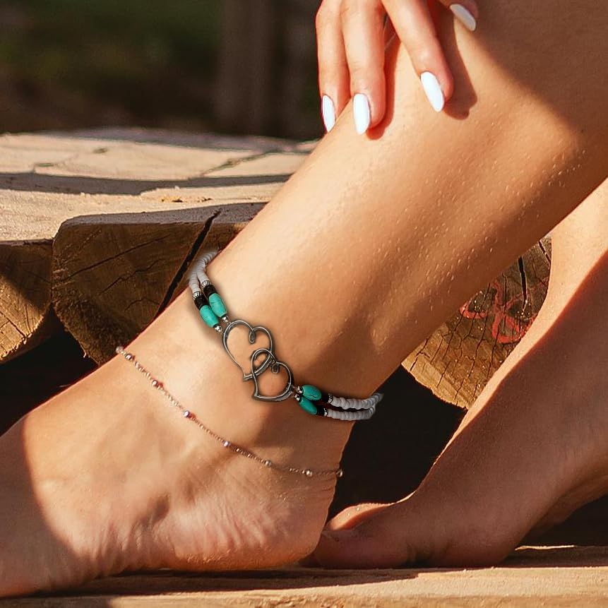 Elastic Beaded Anklets for Women Double Layered Hollow Heart Anklet Boho Turquoise Elastic Ankle Bracelet Summer Beach Foot Jewelry - Image 3