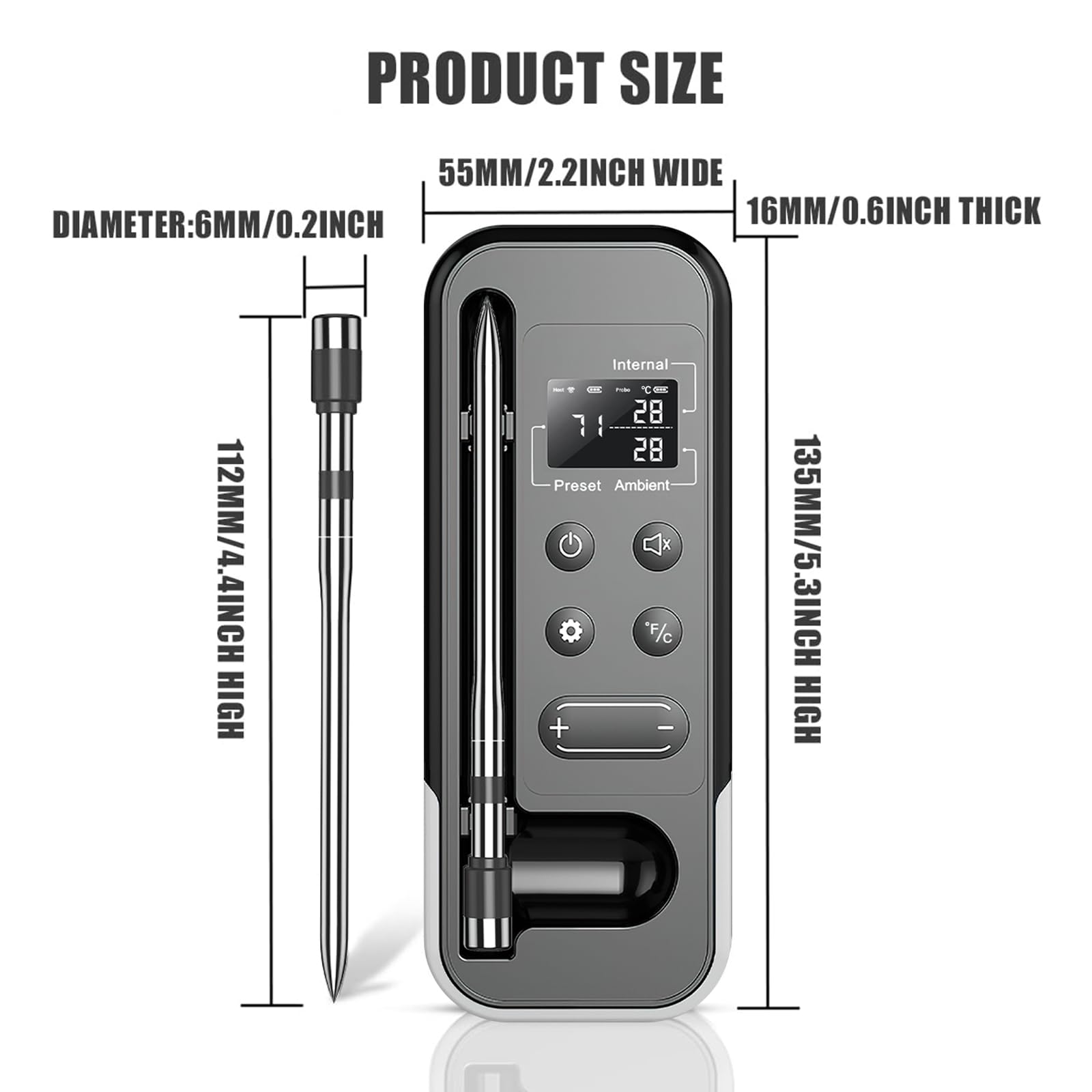 ANTELA Fleischthermometer Kabellos 200M Bluetooth 5.3 mit LCD Anzeige, Alarmfunktion, Digitales Backthermometer Meat Thermometer, für Ofen, BBQ, Grill, Raucher via APP