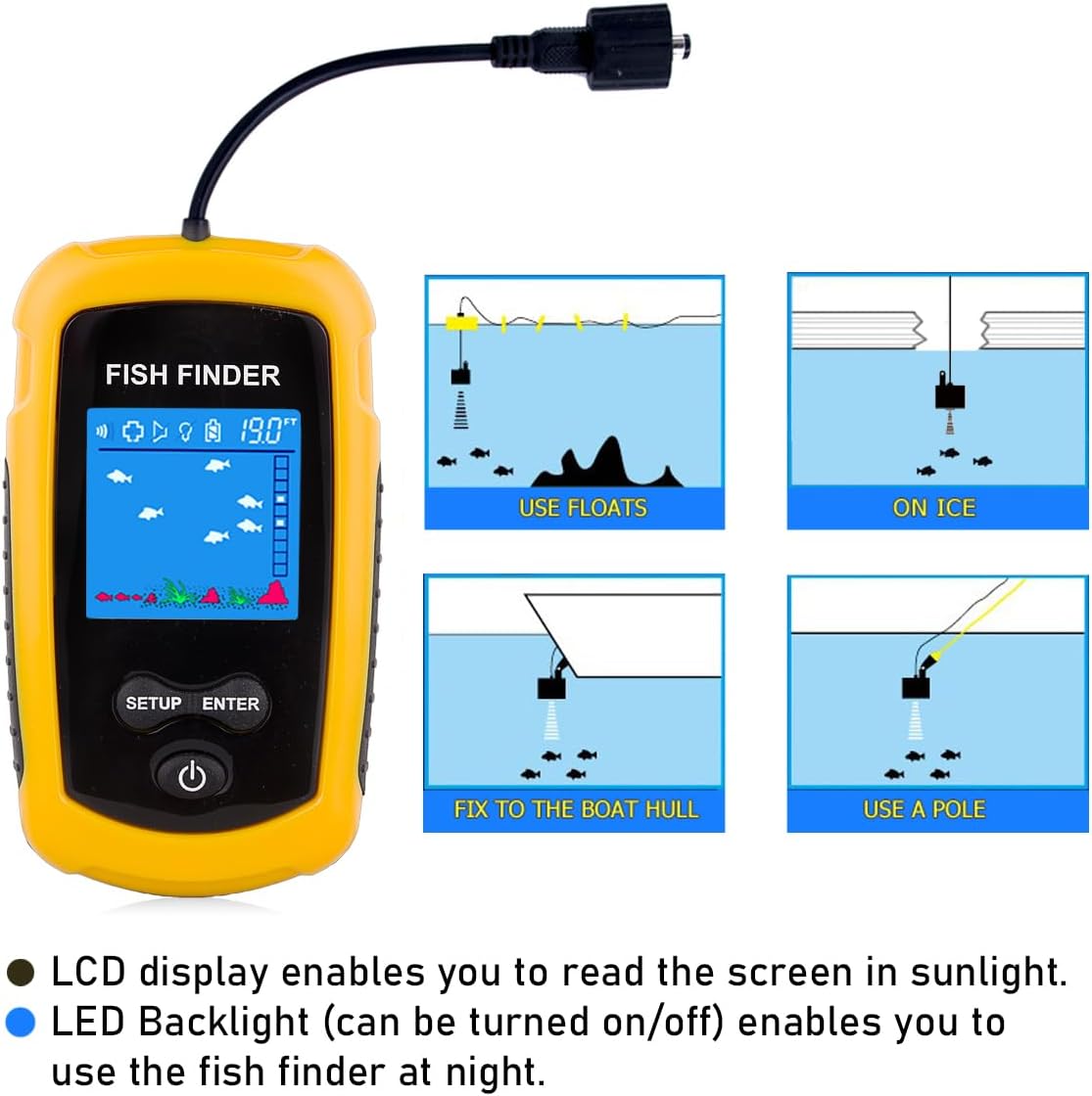 Portable Wired Fish Finder Ice Kayak Fishing Gear Water Depth Finder Handheld Fishfinder LCD Display Sonar Transducer
