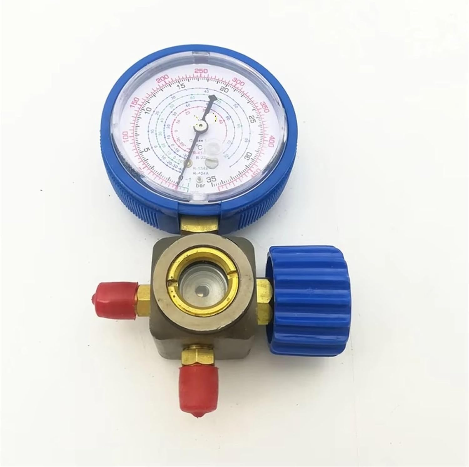 Refrigerant single manifold gauge with valve and aiming glass