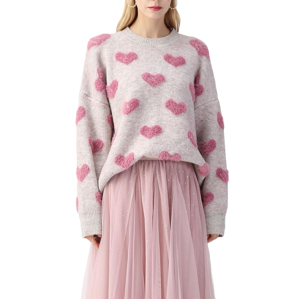 Women Cute Valentine Heart Graphic Jumper V-Neck Embroidery Knitted Loose Pullover Sweater Tops